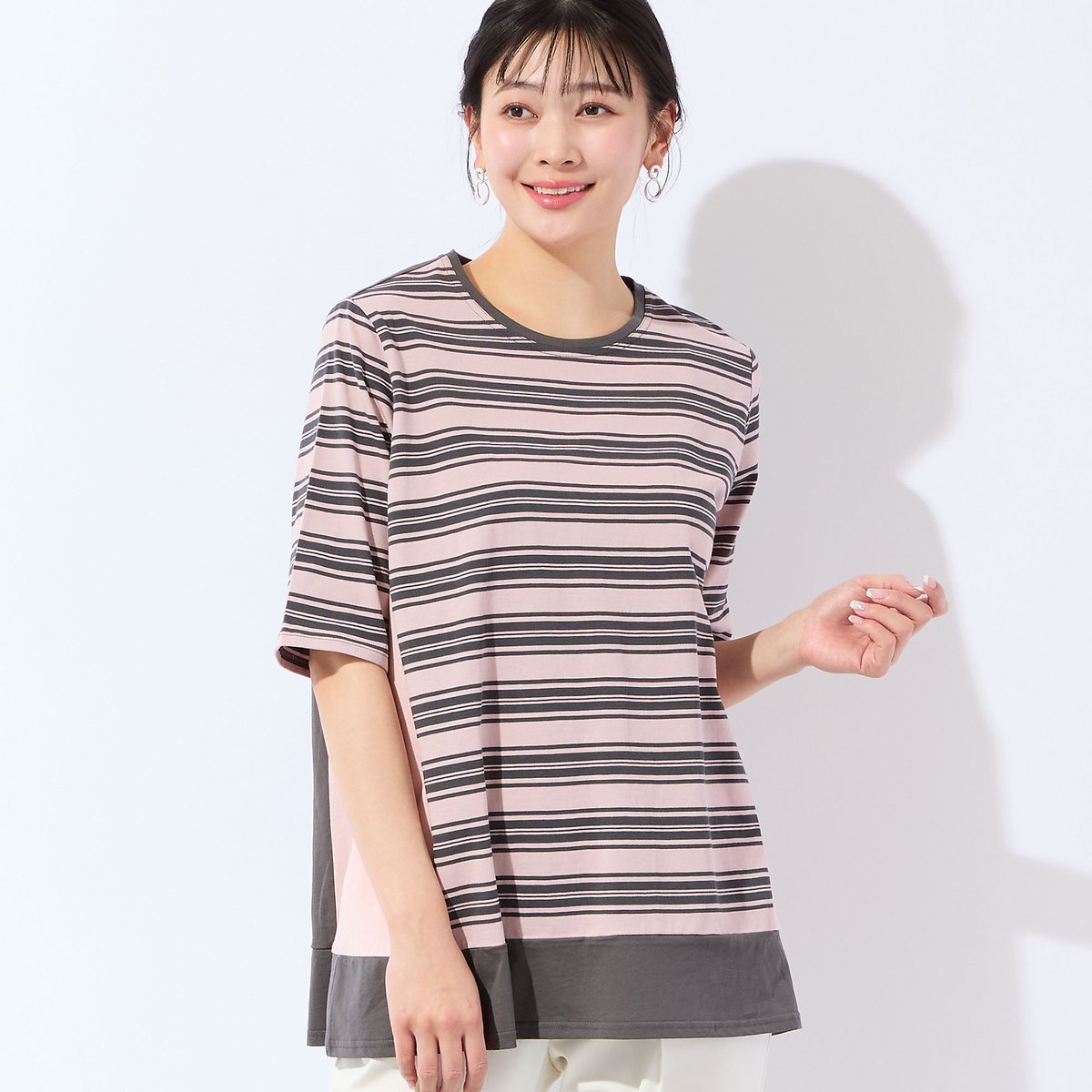 missel 【洗える・L~4Lサイズ】コットンボーダーチュニック ミゼール トップス カットソー・Tシャツ ネイビー ピンク