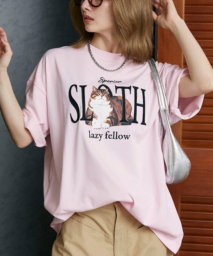 PUBLUX ＜機能性素材＞SLOTH 刺繍 キャット Tシャツ 限定展開 フリークスストア トップス カットソー・Tシャツ ブラック ピンク ホワイト ネイビー