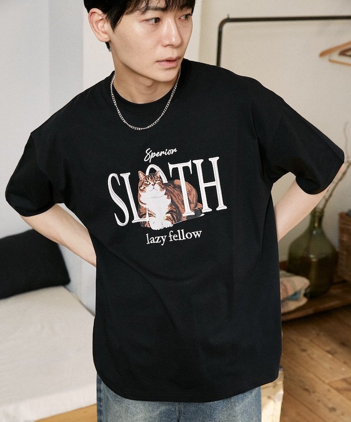 PUBLUX ＜機能性素材＞SLOTH 刺繍 キャット Tシャツ 限定展開 フリークスストア トップス カットソー・Tシャツ ブラック ピンク ホワイト ネイビー