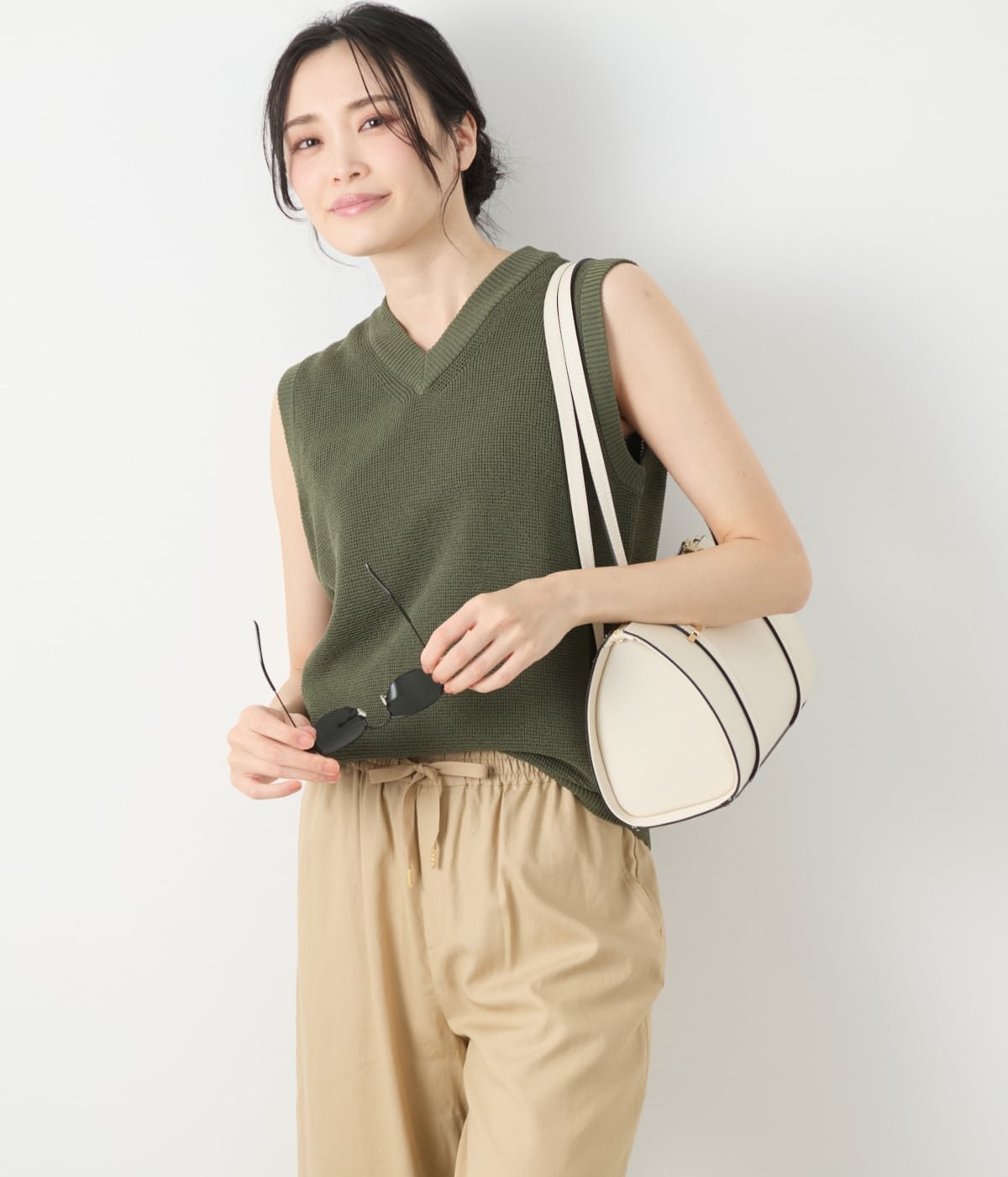 NEWYORKER WOMEN リネンライクワッフル Vネックノースリーブプルオーバー ニューヨーカー トップス ニット ベージュ