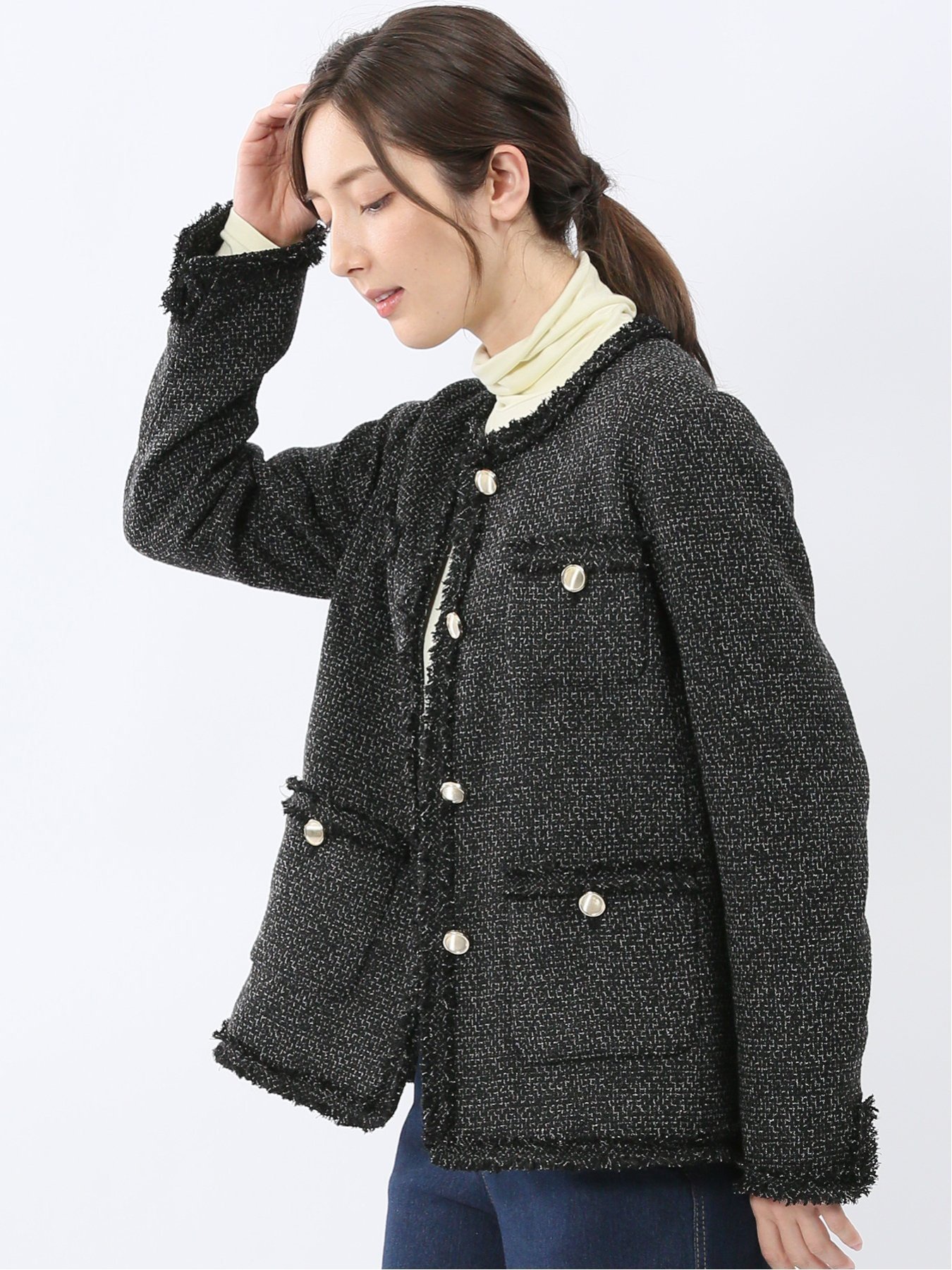 【SALE／50%OFF】m.f.editorial ファンシーツイード ノーカラージャケット 黒 タカキュー ジャケット・アウター ノーカラージャケット【送料無料】
