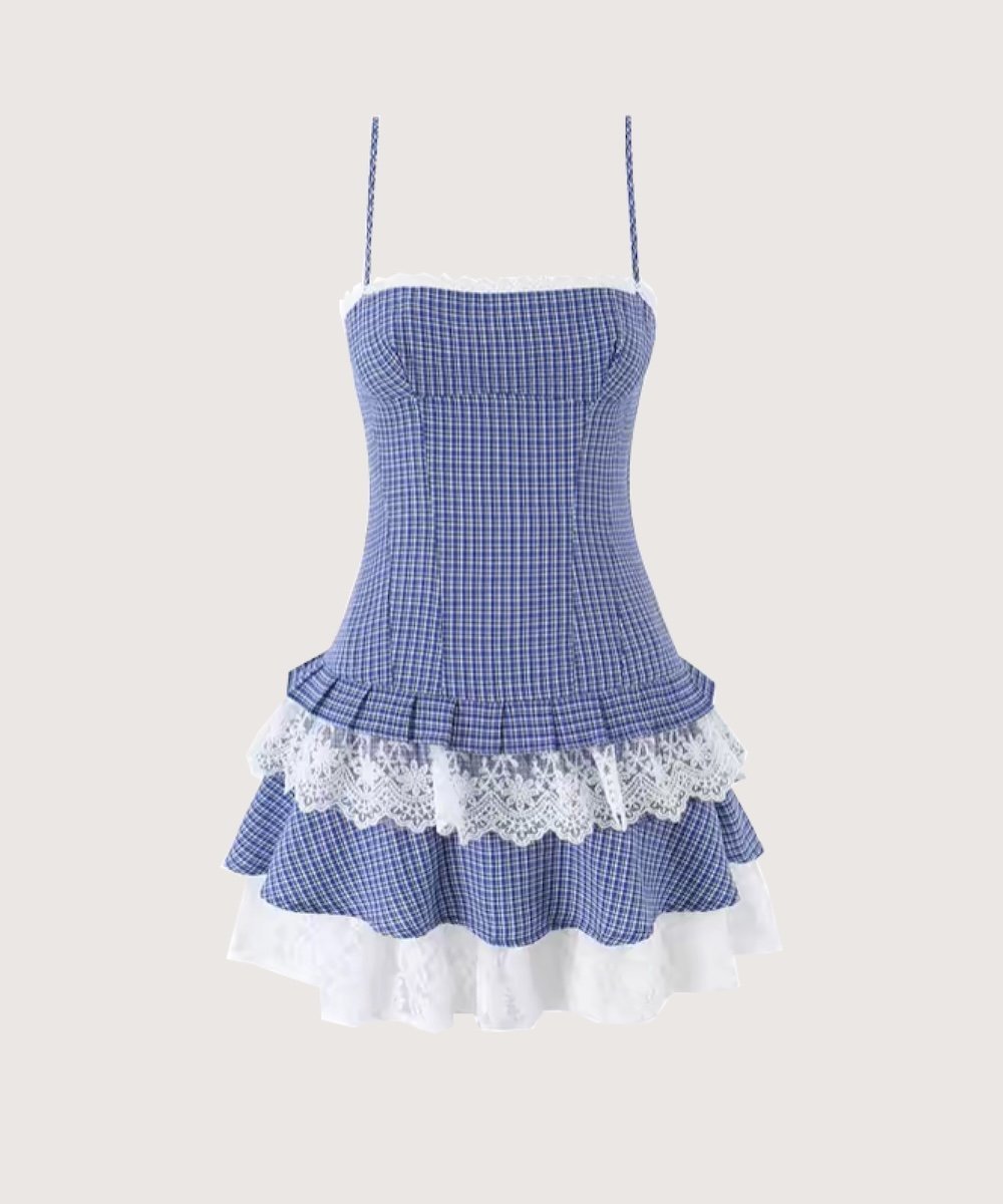 LA POMME petit Lace Gingham Tiered Cami Dress/レースギンガムチェックティアードキャミワンピース ラポミ・プチ ワンピース・ドレス ワンピース ブルー
