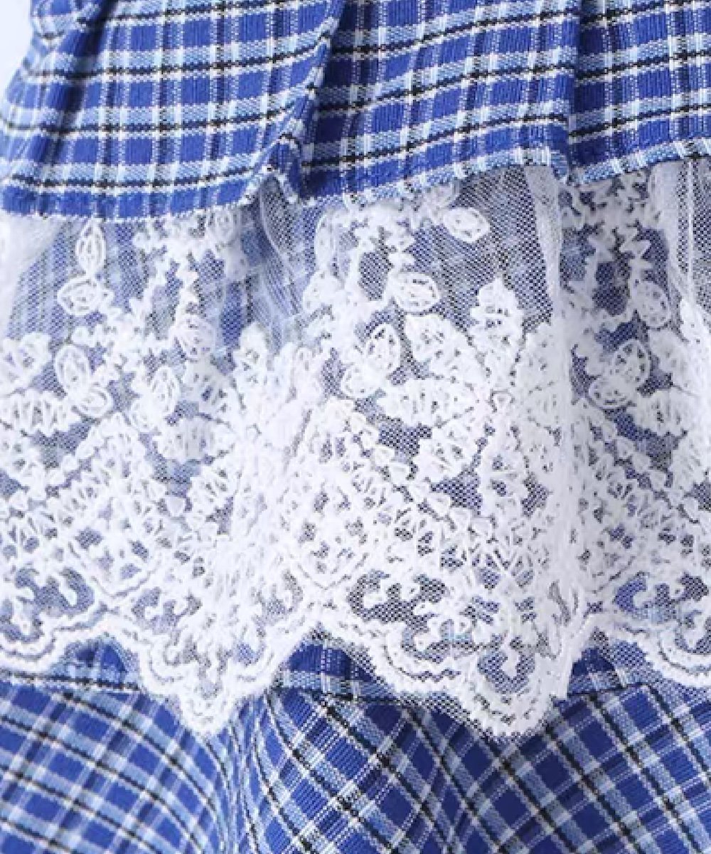LA POMME petit Lace Gingham Tiered Cami Dress/レースギンガムチェックティアードキャミワンピース ラポミ・プチ ワンピース・ドレス ワンピース ブルー