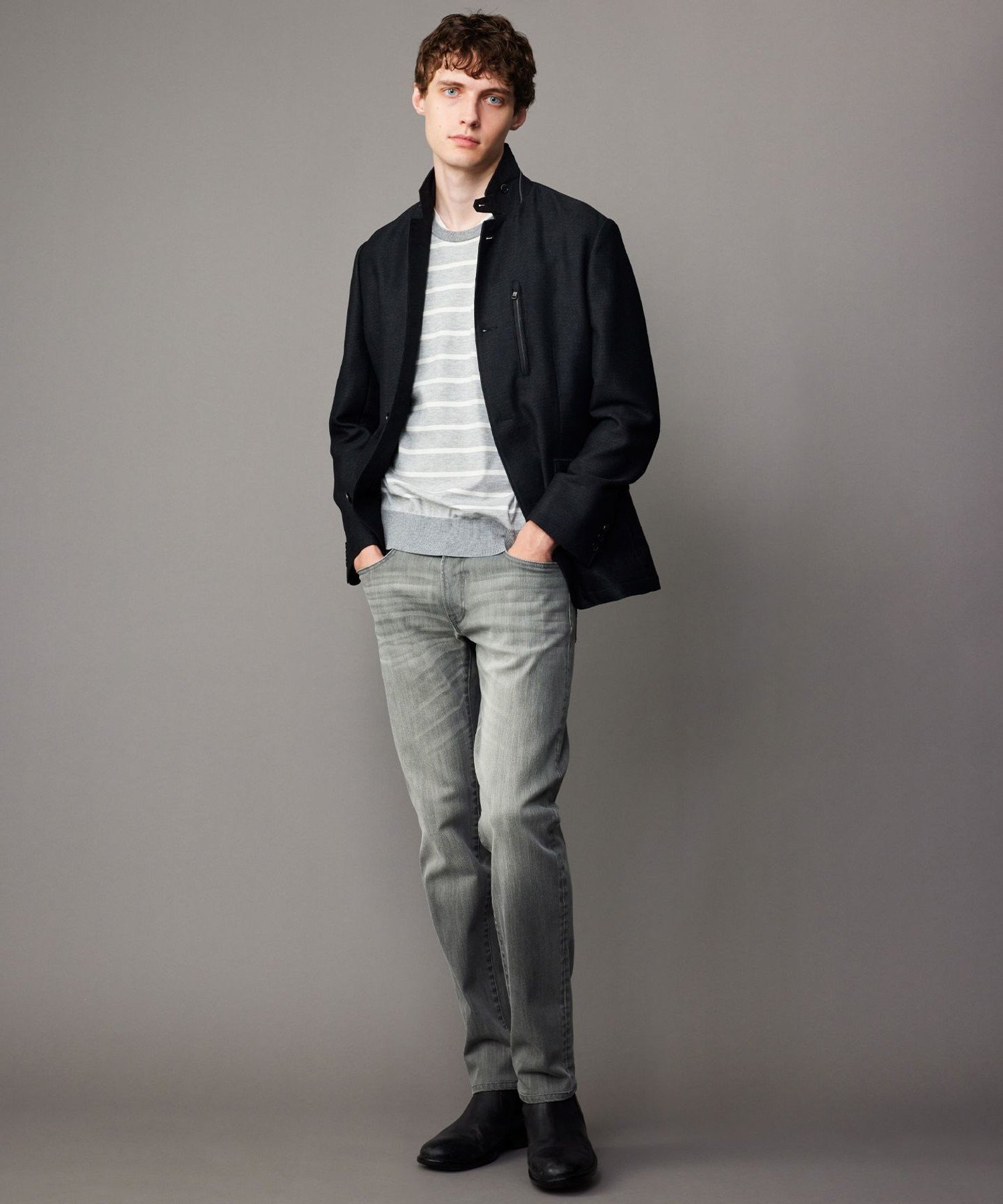 【SALE／30%OFF】JOSEPH ABBOUD 【キングサイズ・チクチクしない/イージーケア/3シーズン対応】ハイカウントSNOWY ボーダー ニットT ジョセフアブード トップス ニット グレー ネイビー【送料無料】