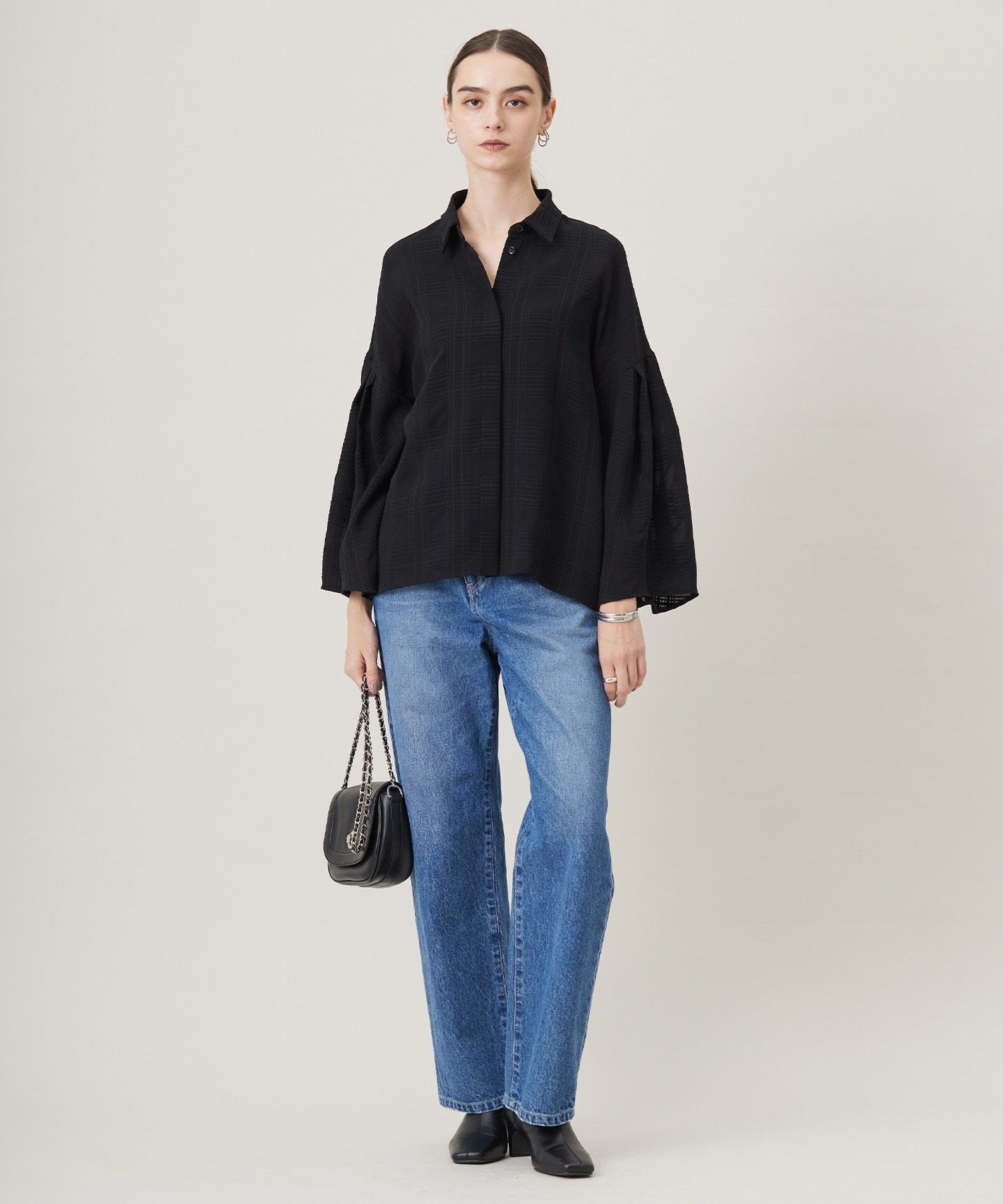 ICB 【日本製・洗える】SASHIKO CHECK シャツ アイシービー トップス シャツ・ブラウス ブラック