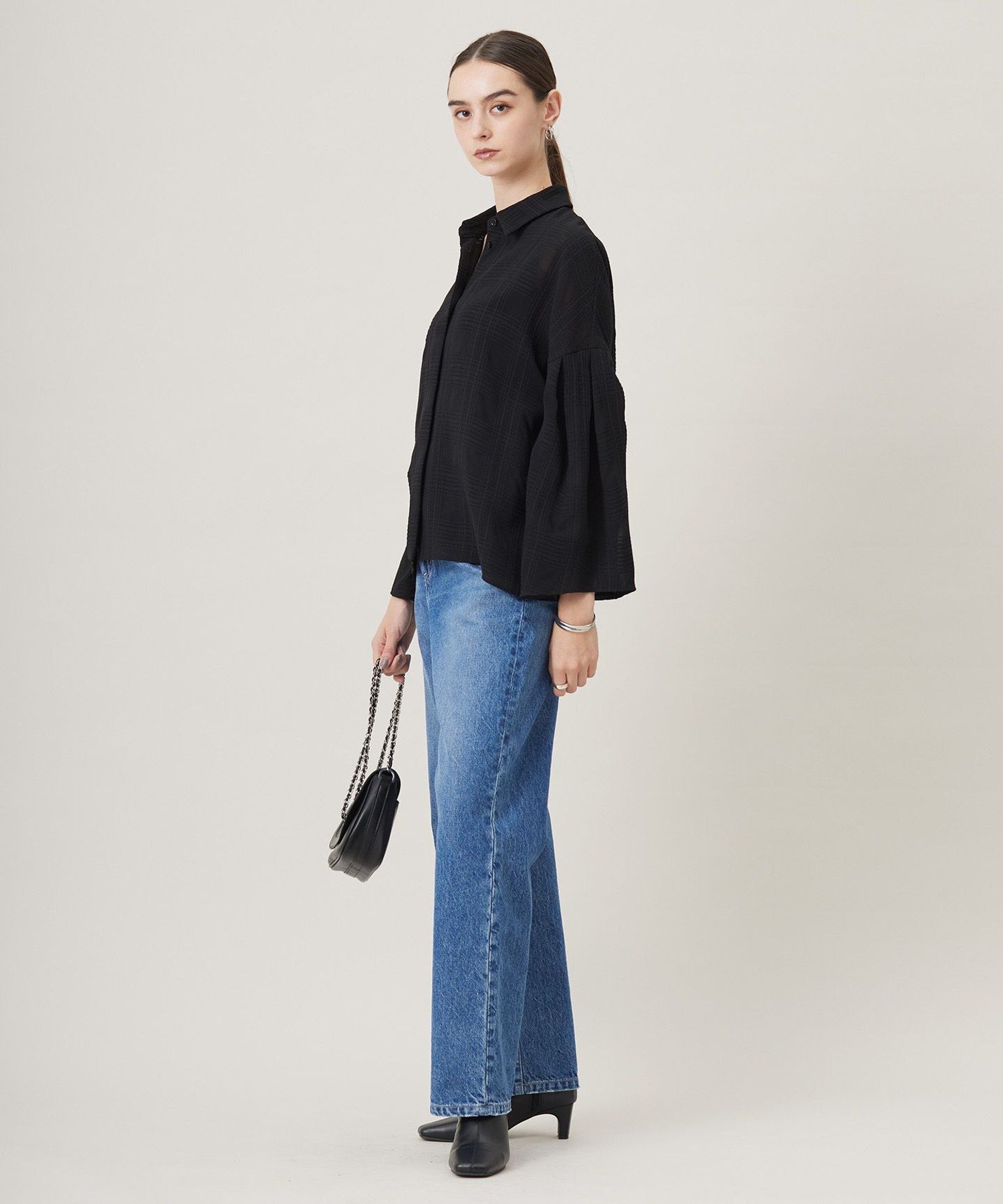 ICB 【日本製・洗える】SASHIKO CHECK シャツ アイシービー トップス シャツ・ブラウス ブラック