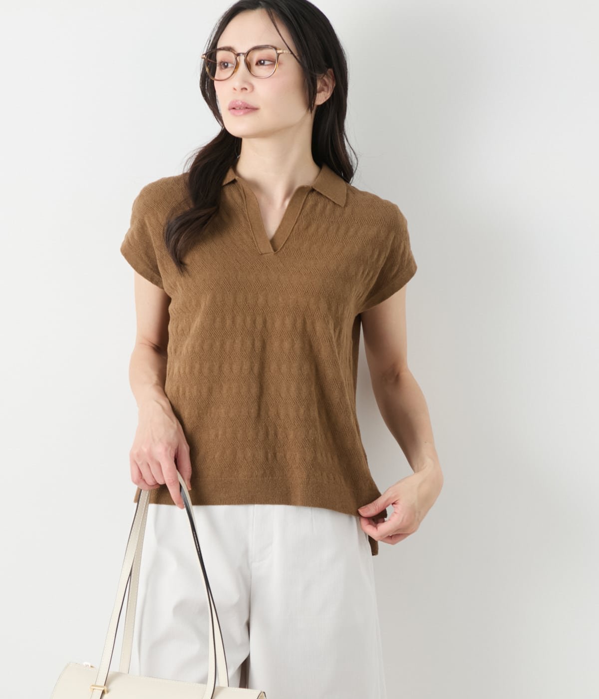 NEWYORKER WOMEN コットンブークレー スキッパーニットポロシャツ ニューヨーカー トップス ニット ホワイト ブラウン