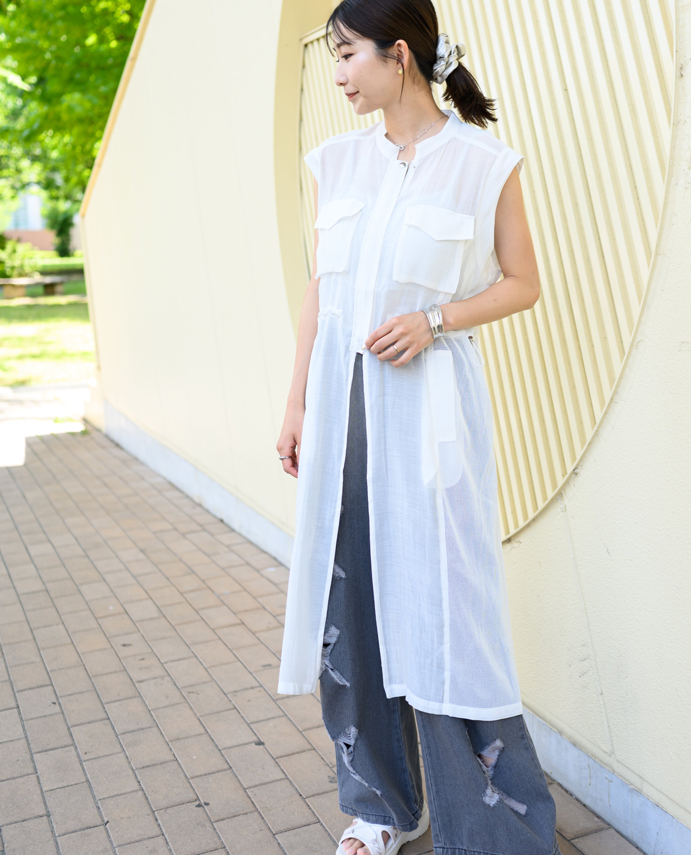 YEVS ミリタリードロストロングジレ【再入荷】 イーブス トップス シャツ・ブラウス ブラック ホワイト