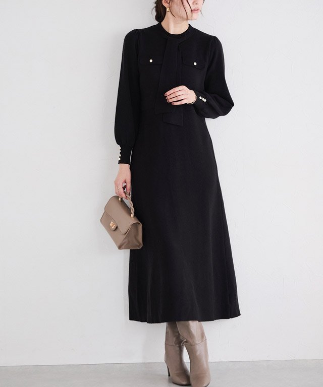 Pierrot ボウタイポケットニットワンピース ピエロ トップス ニット ネイビー ブラック【送料無料】