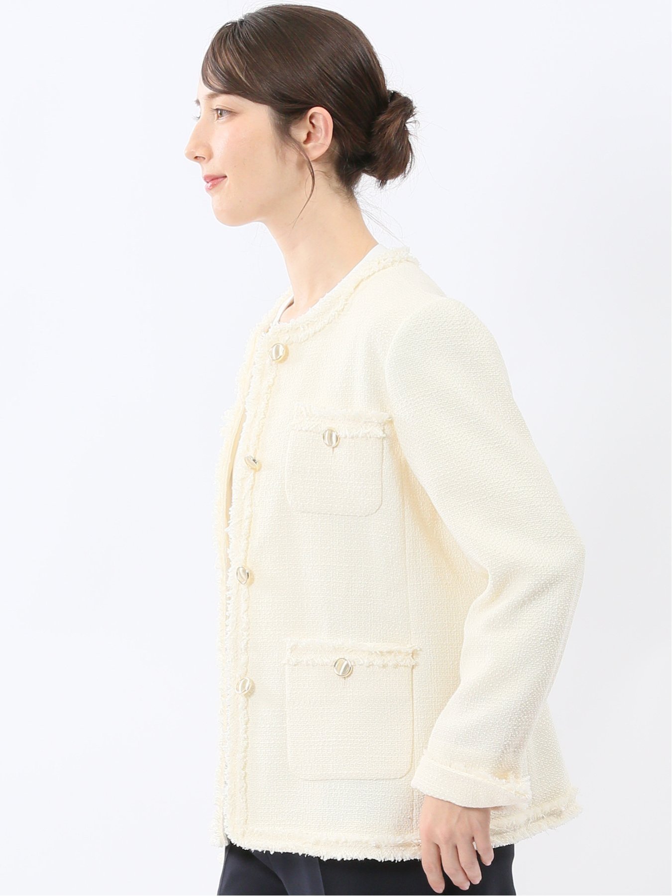 【SALE／50%OFF】m.f.editorial ファンシーツイード ノーカラージャケット アイボリー タカキュー ジャケット・アウター ノーカラージャケット ホワイト【送料無料】