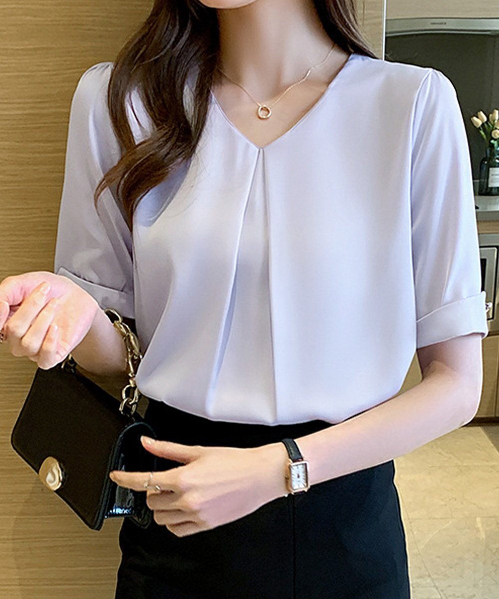 miniministore 半袖シャツブラウスレディースVネック夏服 ミニミニストア トップス シャツ・ブラウス ホワイト ブルー