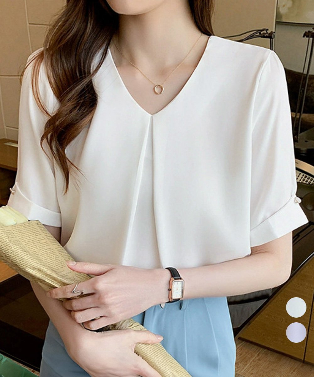 miniministore 半袖シャツブラウスレディースVネック夏服 ミニミニストア トップス シャツ・ブラウス ホワイト ブルー