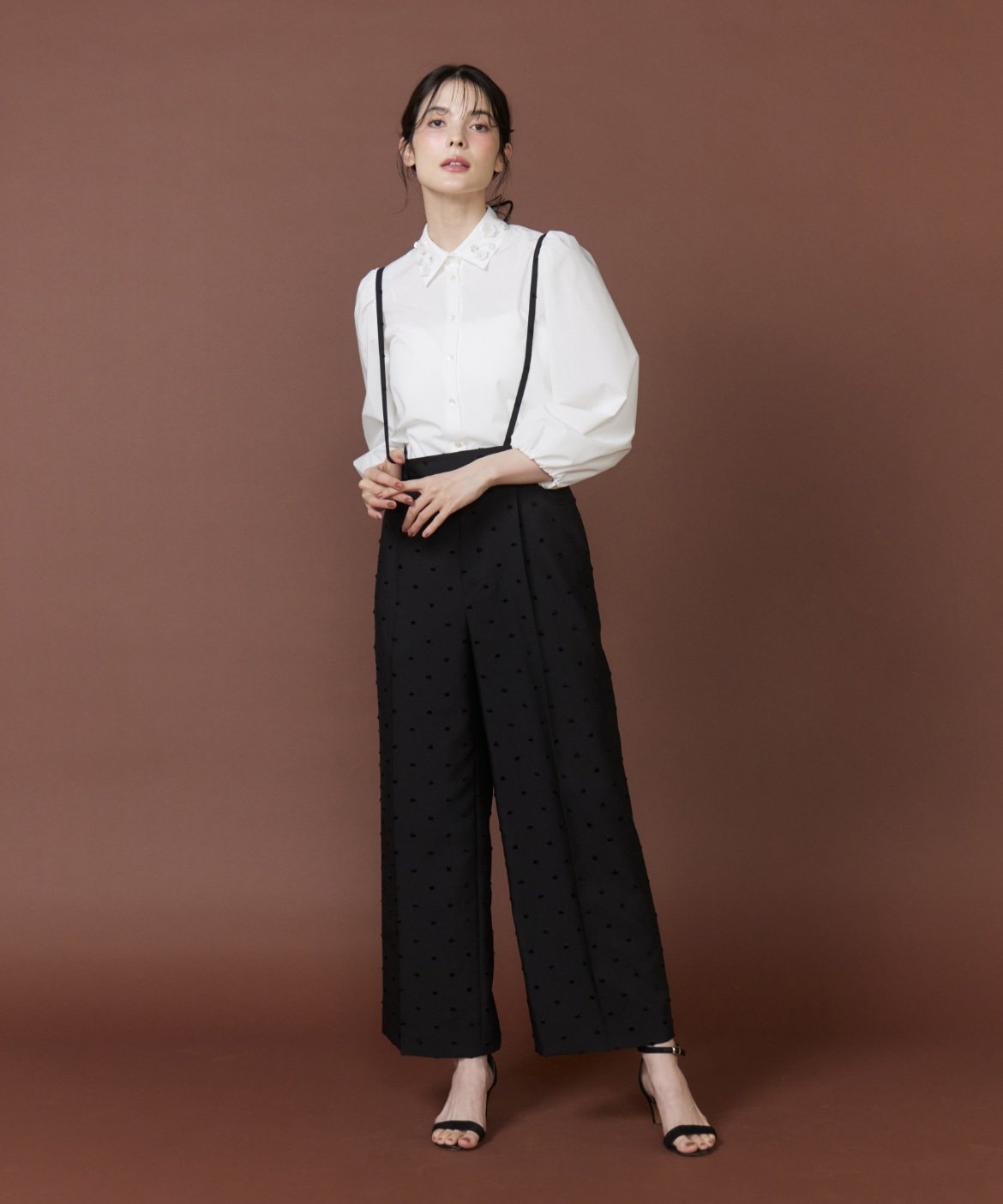 Maglie par ef-de サスペンダー付きドットジャガードパンツ｜ハイウエストで足長効果を叶える大人パンツ マーリエ ル カセット パンツ スラックス・ドレスパンツ ブラック
