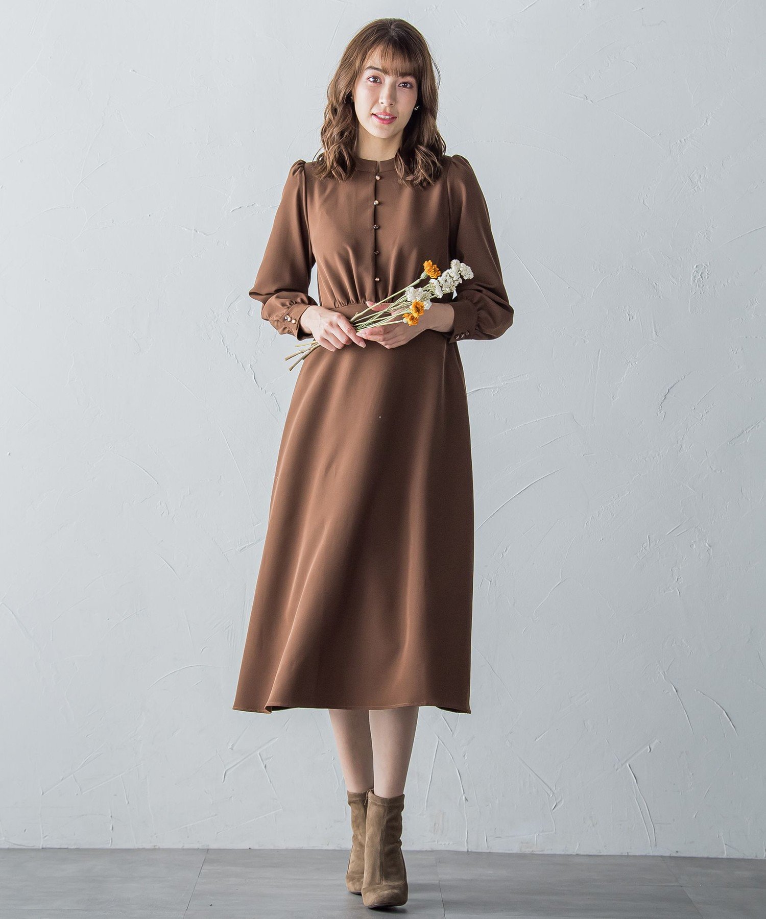 ketty バンドカラーAラインワンピース ≪洗濯機で洗える≫ ケティ ワンピース・ドレス ワンピース ブラウン ブラック ネイビー ピンク【送料無料】のサムネイル