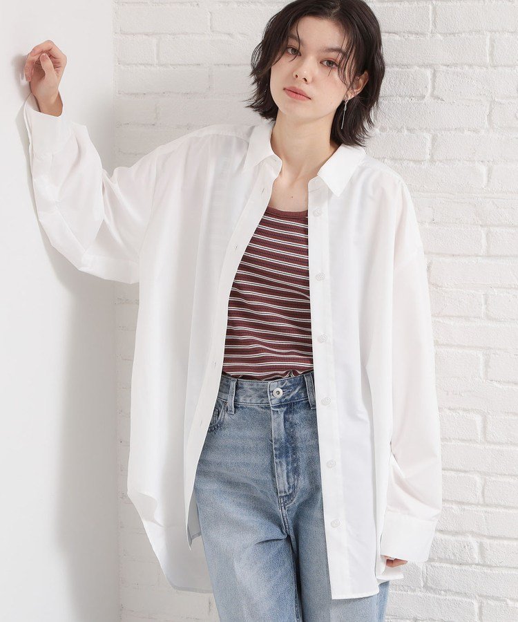 THE SHOP TK ゆったりシルエットで体型カバー ロングシャツ ザ ショップ ティーケー トップス シャツ・ブラウス グリーン ネイビー ホワイト