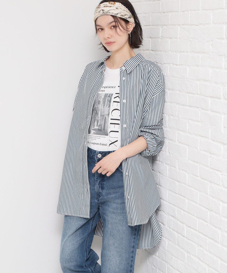 THE SHOP TK ゆったりシルエットで体型カバー ロングシャツ ザ ショップ ティーケー トップス シャツ・ブラウス グリーン ネイビー ホワイト