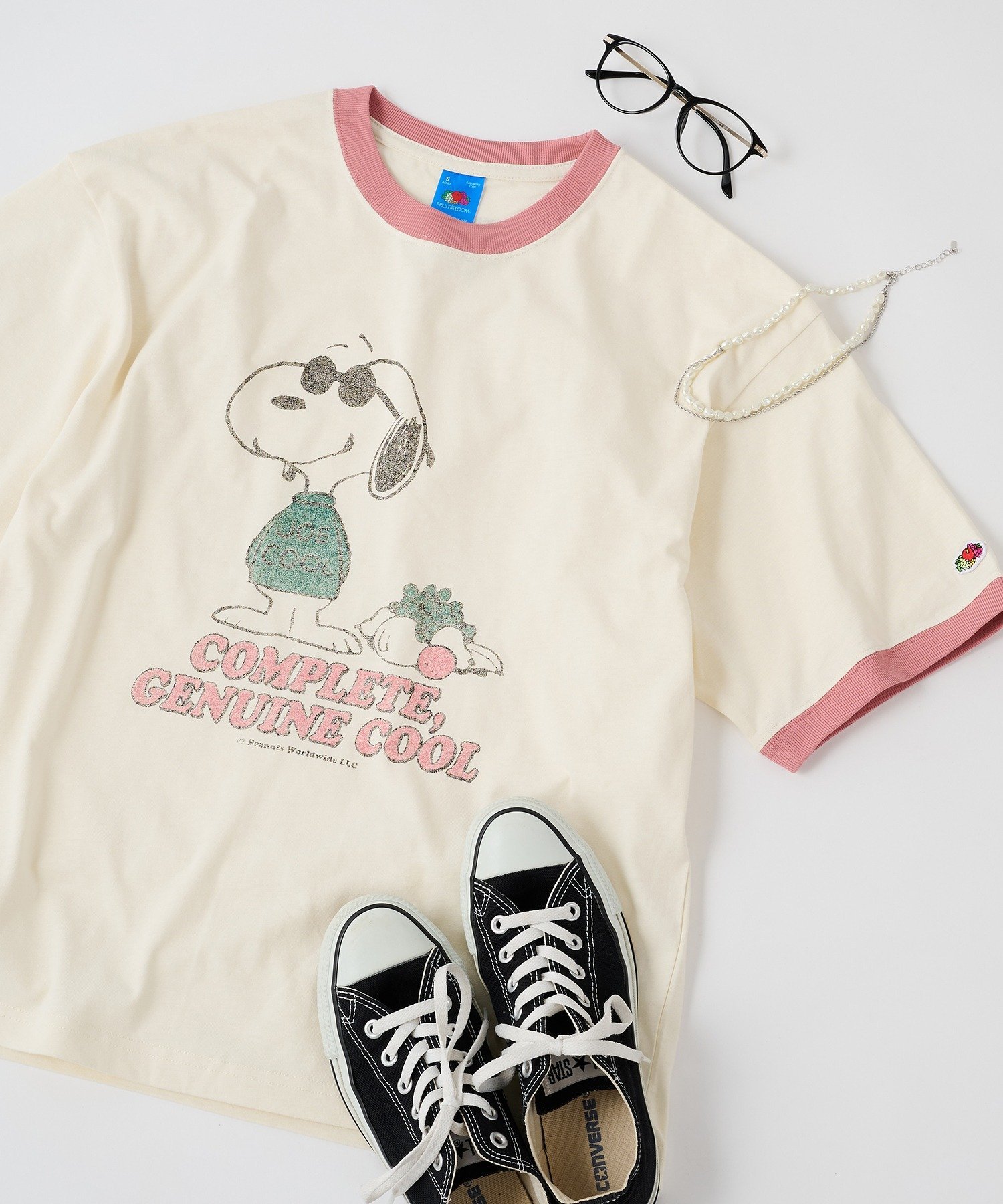 FRUIT OF THE LOOM/ PEANUTS スヌーピー ヴィンテージ風リンガーTシャツ セットアップセブン トップス カットソー・Tシャツ ピンク グレー
