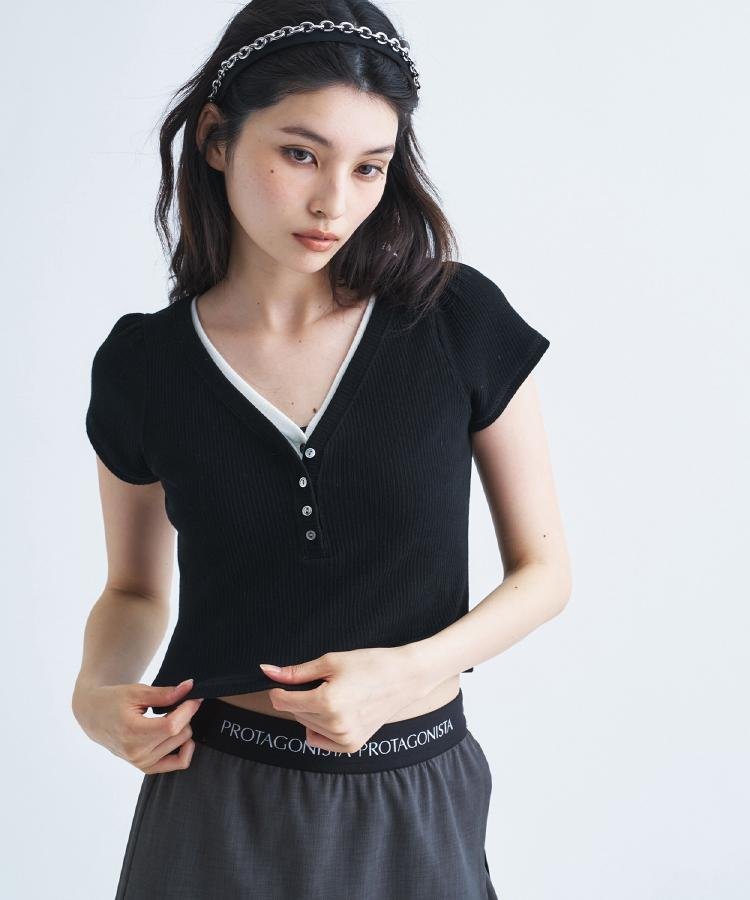 CODE A M everyday rib button tee コードエー トップス カットソー・Tシャツ ブラック ホワイト ブルー