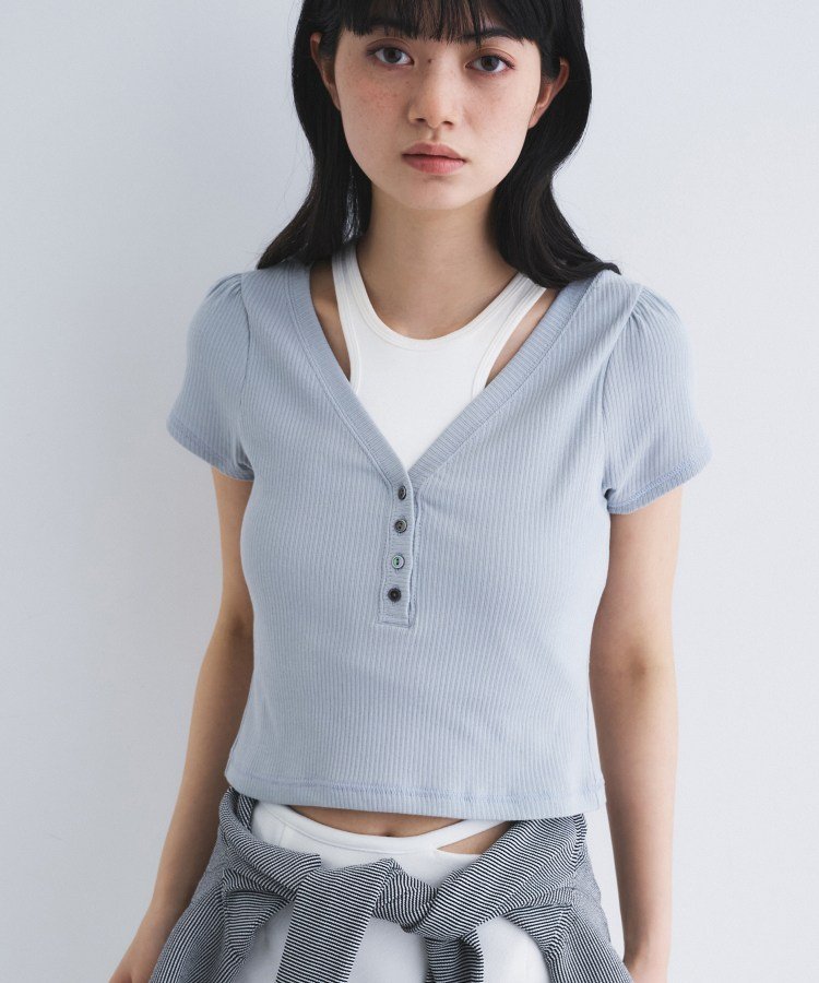 CODE A M everyday rib button tee コードエー トップス カットソー・Tシャツ ブラック ホワイト ブルー