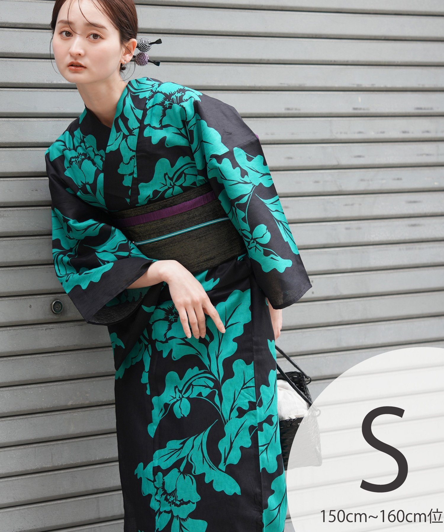【SALE／25%OFF】utatane utatane 浴衣 セット 黒地にターコイズの大胆な花 Sサイズ ウタタネ 着物・浴衣・和装小物 浴衣【送料無料】