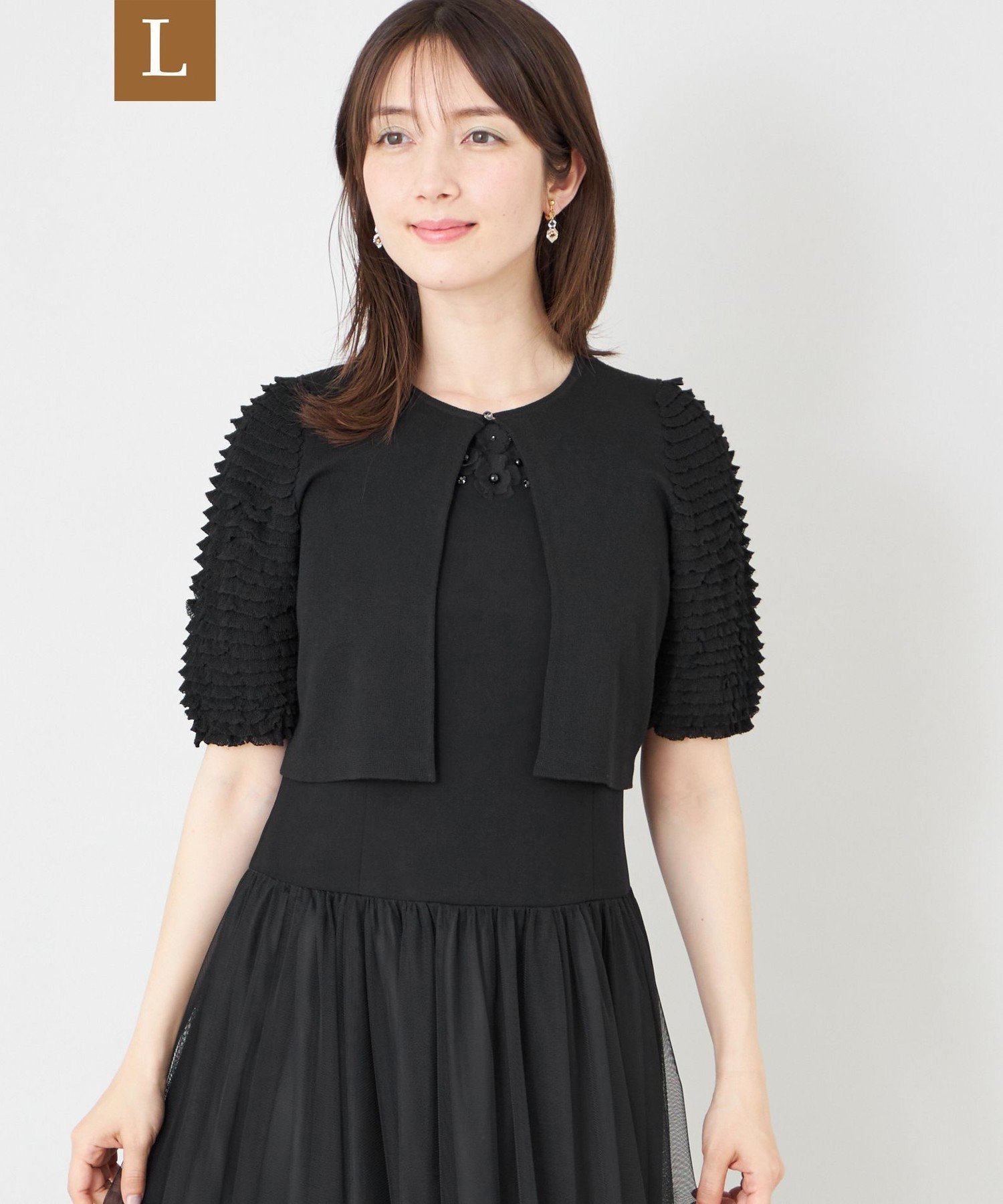 TO BE CHIC 【L】シアーフリルスリーブ ニットカーディガン サンヨー エルサイズ トップス ニット ピンク ブラック【送料無料】