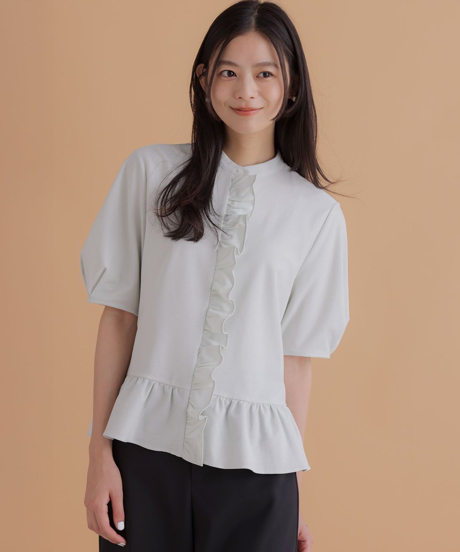 組曲 L ツイルジャージーフリル 半袖カットソー クミキョク トップス カットソー・Tシャツ ブラック ホワイト ブルー