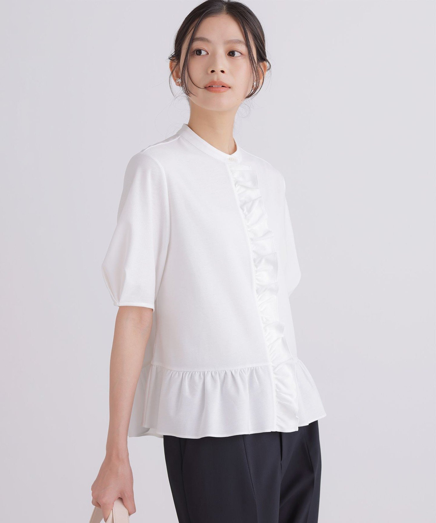 組曲 L ツイルジャージーフリル 半袖カットソー クミキョク トップス カットソー・Tシャツ ブラック ホワイト ブルー