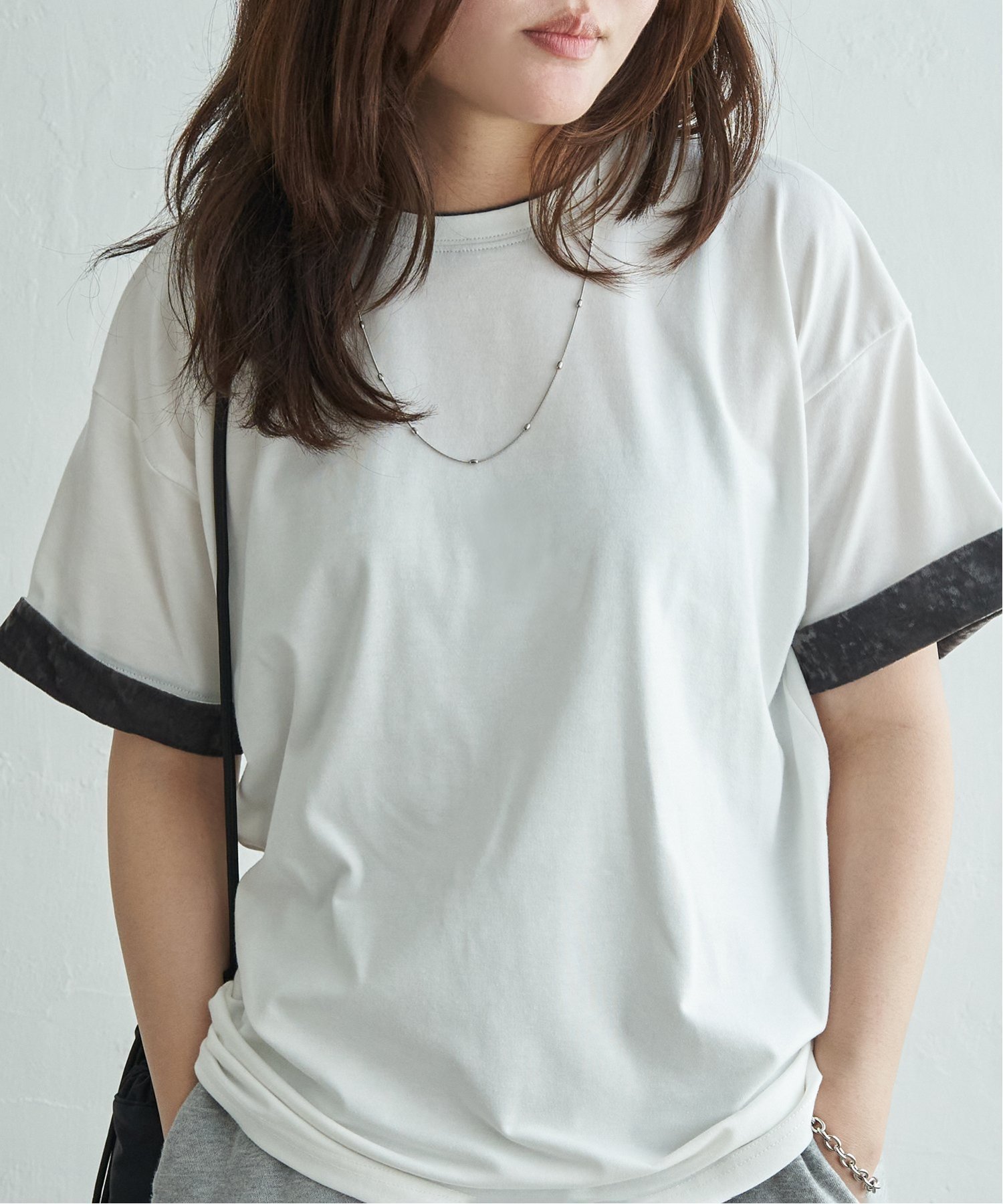 VENCE share style Ladys 天竺ベロア袖配色プルオーバー ヴァンス エクスチェンジ トップス その他のトップス ブラック ブラウン ホワイト