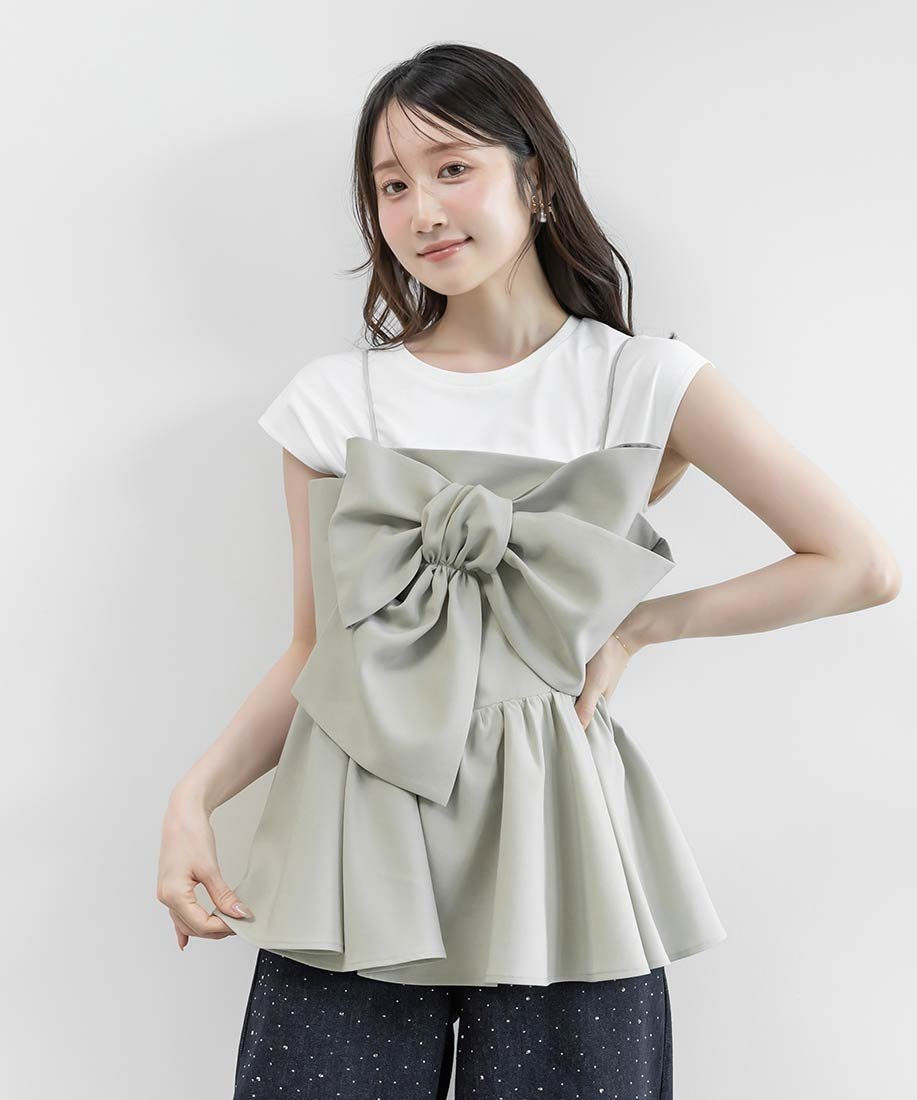 RANDA リボンデザインペプラムトップス*カットソーセット ランダ トップス カットソー・Tシャツ ブラック グリーン