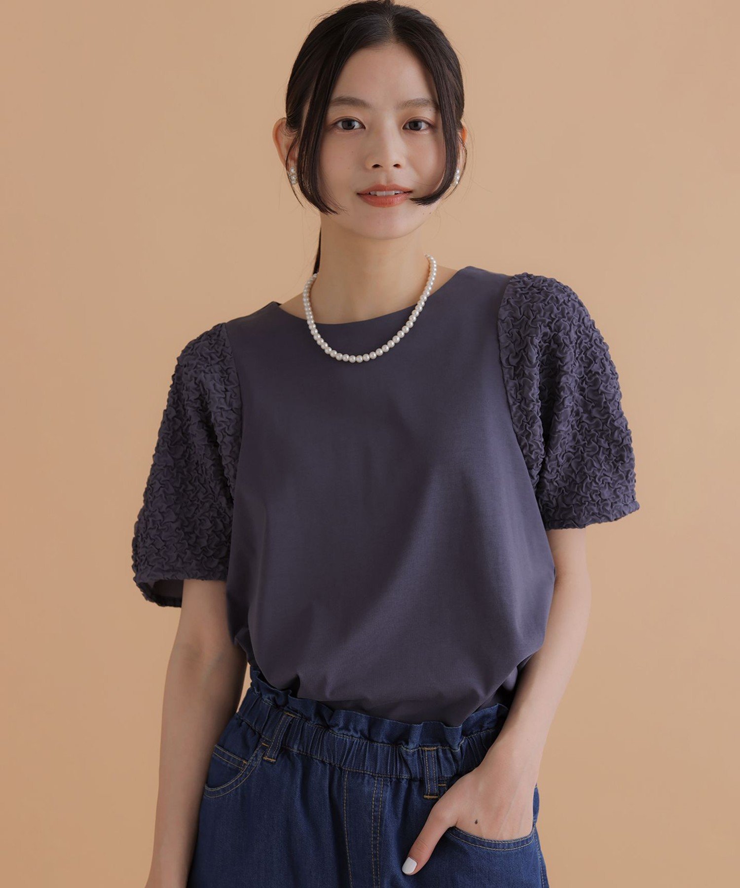 組曲 パフジャカードコンビジャージー パフスリーブカットソー クミキョク トップス カットソー・Tシャツ グリーン ホワイト グレー ブラック