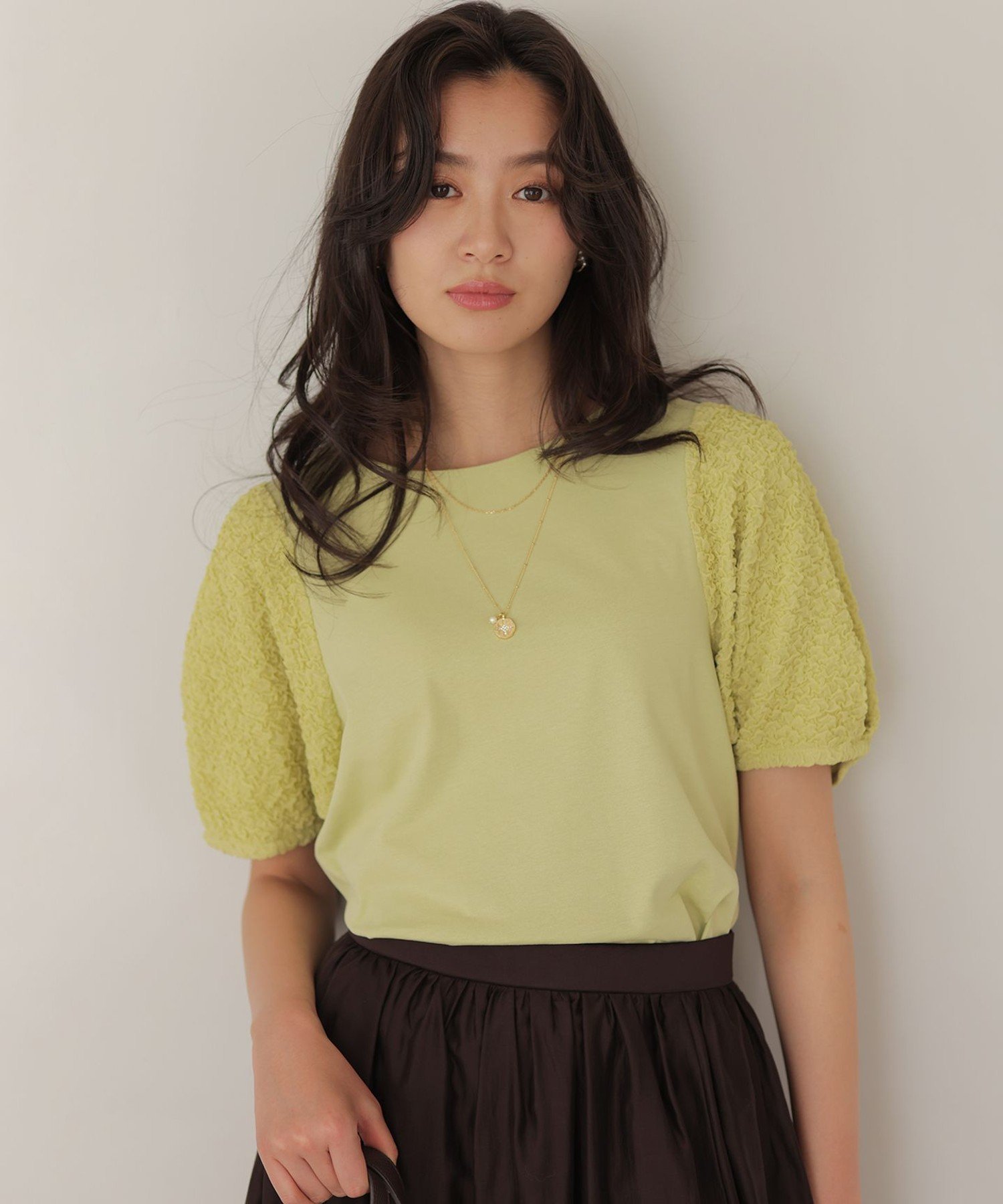 組曲 パフジャカードコンビジャージー パフスリーブカットソー クミキョク トップス カットソー・Tシャツ グリーン ホワイト グレー ブラック