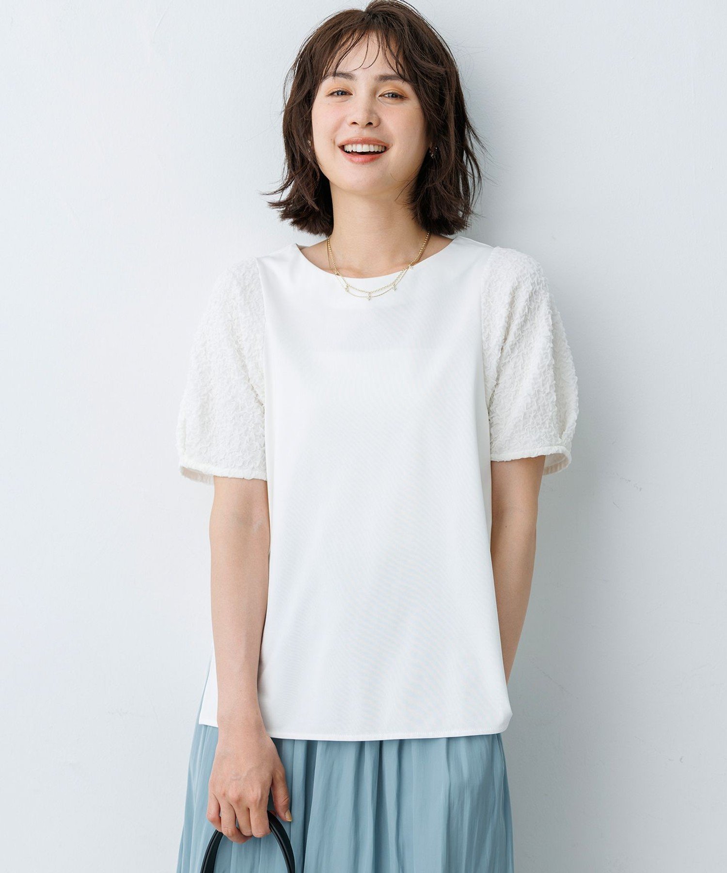 組曲 パフジャカードコンビジャージー パフスリーブカットソー クミキョク トップス カットソー・Tシャツ グリーン ホワイト グレー ブラック