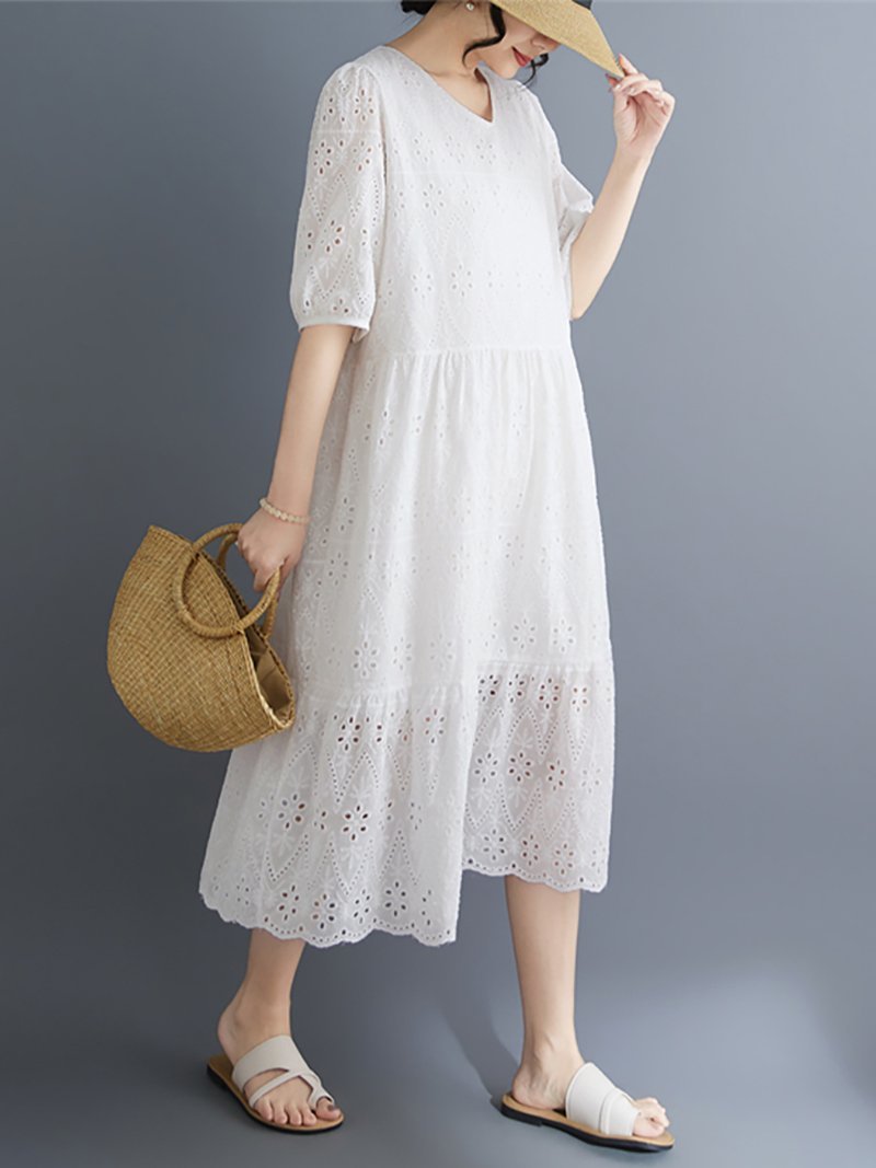 Doux Belle 刺繍レースティアード半袖ワンピース レディース ワンピース ドゥー・ベル ワンピース・ドレス チュニック ホワイト【送料無料】