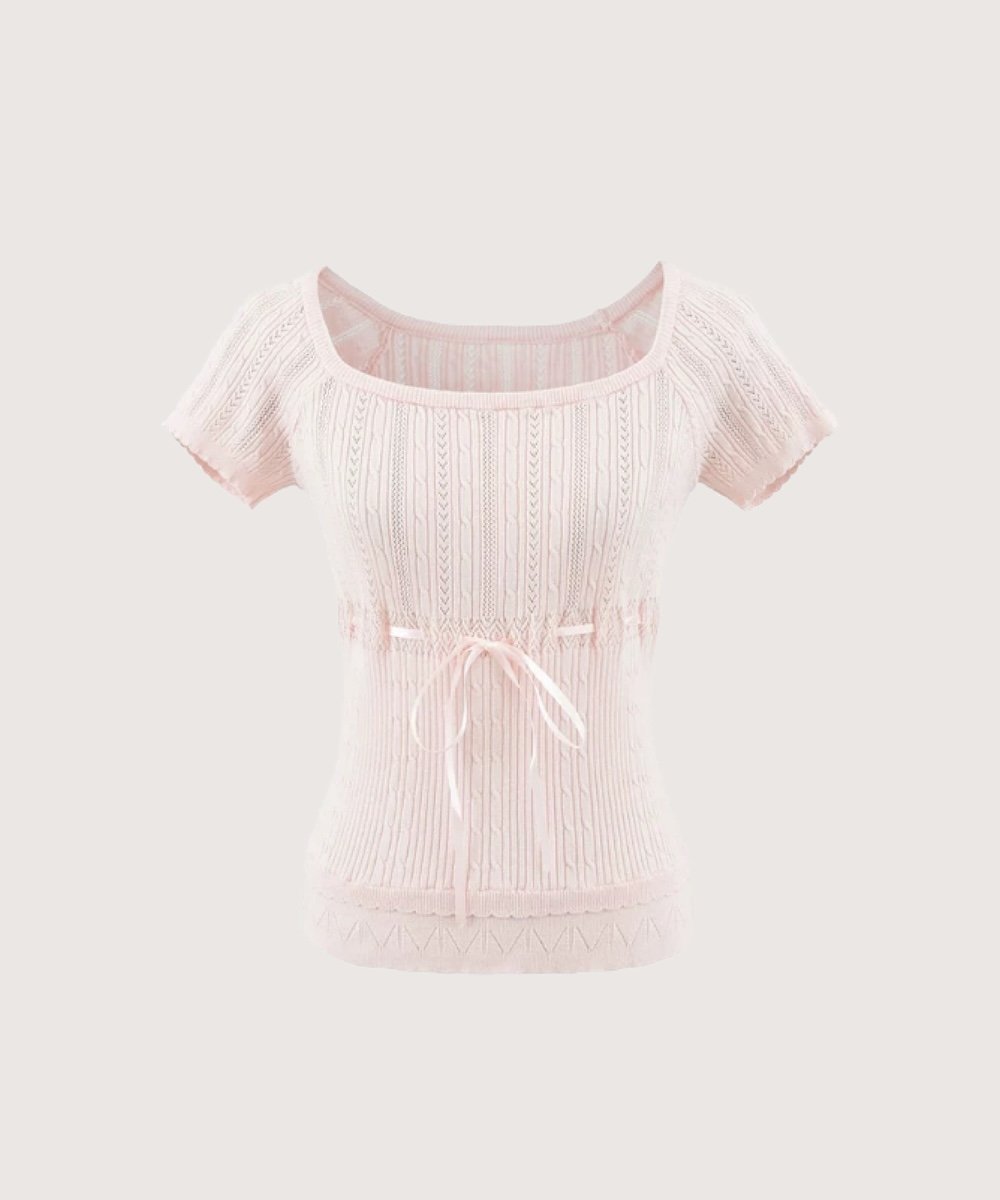 LA POMME petit スクエアネックドローストリングニットトップス ラポミ・プチ トップス カットソー・Tシャツ ブルー ピンク ブラック ホワイト