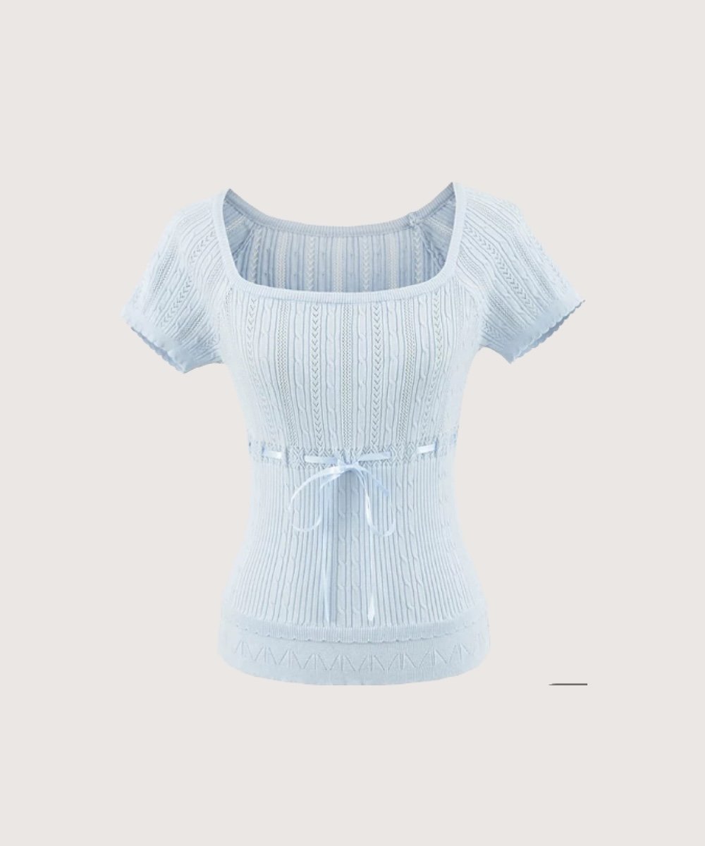 LA POMME petit スクエアネックドローストリングニットトップス ラポミ・プチ トップス カットソー・Tシャツ ブルー ピンク ブラック ホワイト