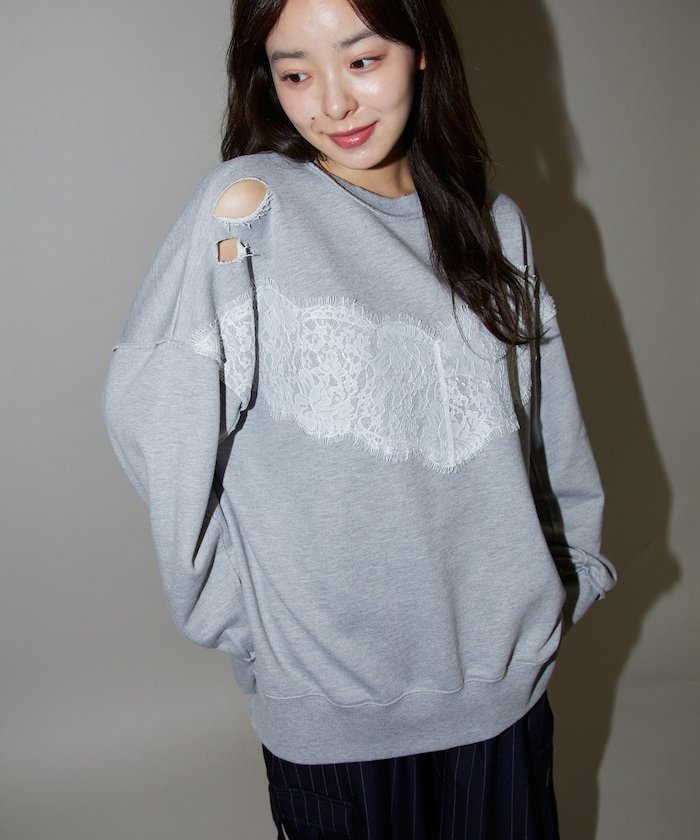 【SALE／40%OFF】PUBLUX レース ドッキング ダメージスウェット 限定展開 24AW フリークスストア トップス スウェット・トレーナー グレーのサムネイル