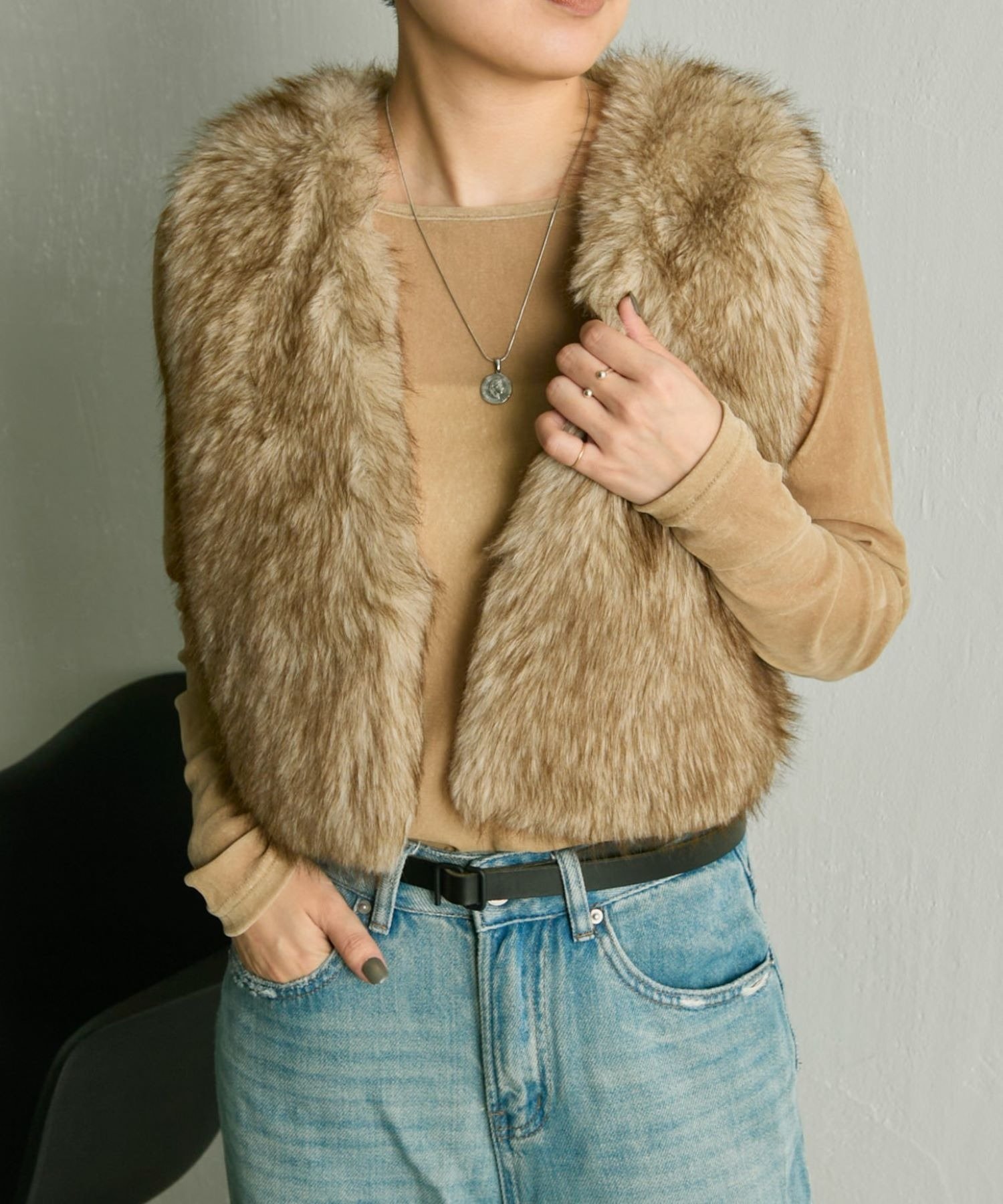 楽天Rakuten Fashionear PAPILLONNER フェイクフォックスベスト【SUM1 STYLE】 イア パピヨネ トップス ベスト・ジレ ブラウン ベージュ【送料無料】