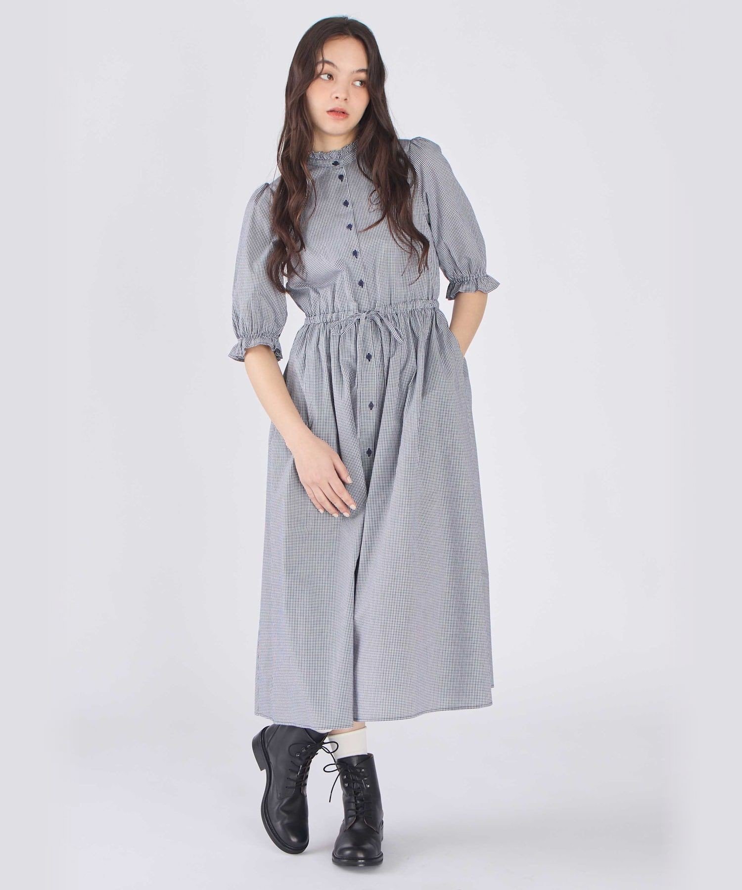 To b. by agnes b. ギンガムチェック コットン フリル ワンピース アニエスベー ワンピース・ドレス ワンピース ネイビー【送料無料】