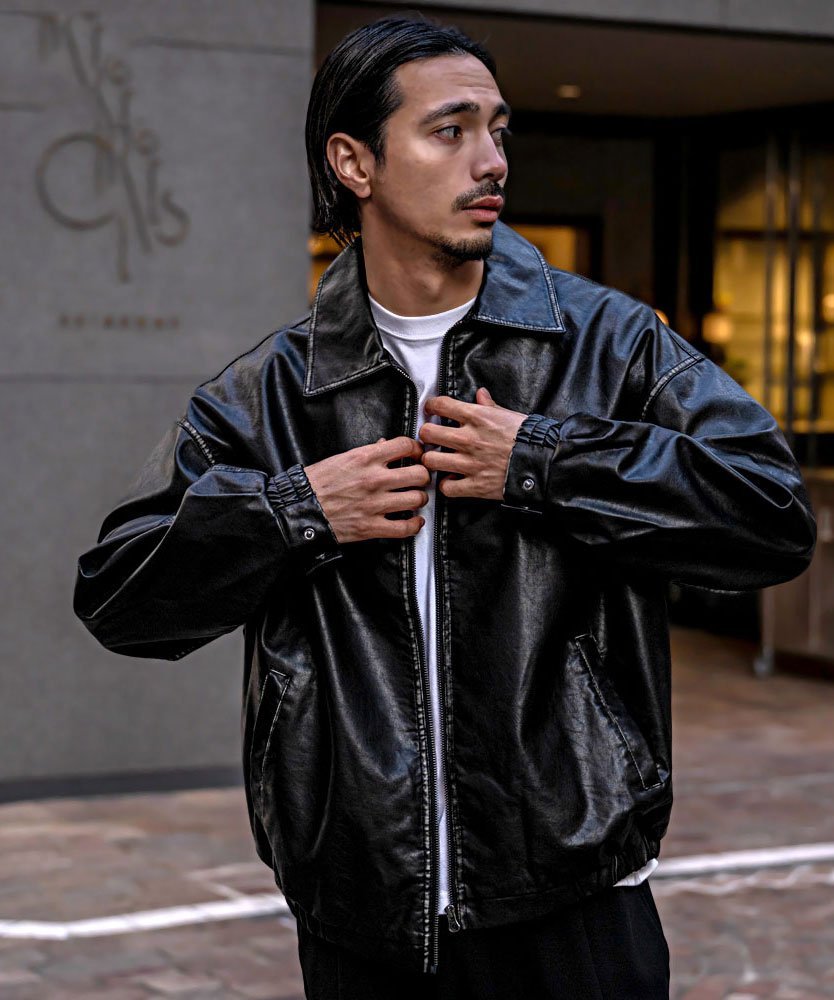 CavariA CavariA ヴィンテージ加工PU長袖ブルゾン シルバーバレット ジャケット・アウター ライダースジャケット ブラック【送料無料】