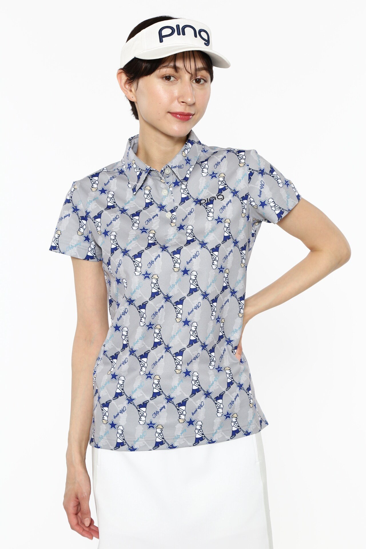 PING APPAREL Mr.PING総柄プリント半袖ポロシャツ ＜NATIVE＞ (LADIES) ピン アパレル トップス ポロシャツ ホワイト グレー ネイビー【送料無料】