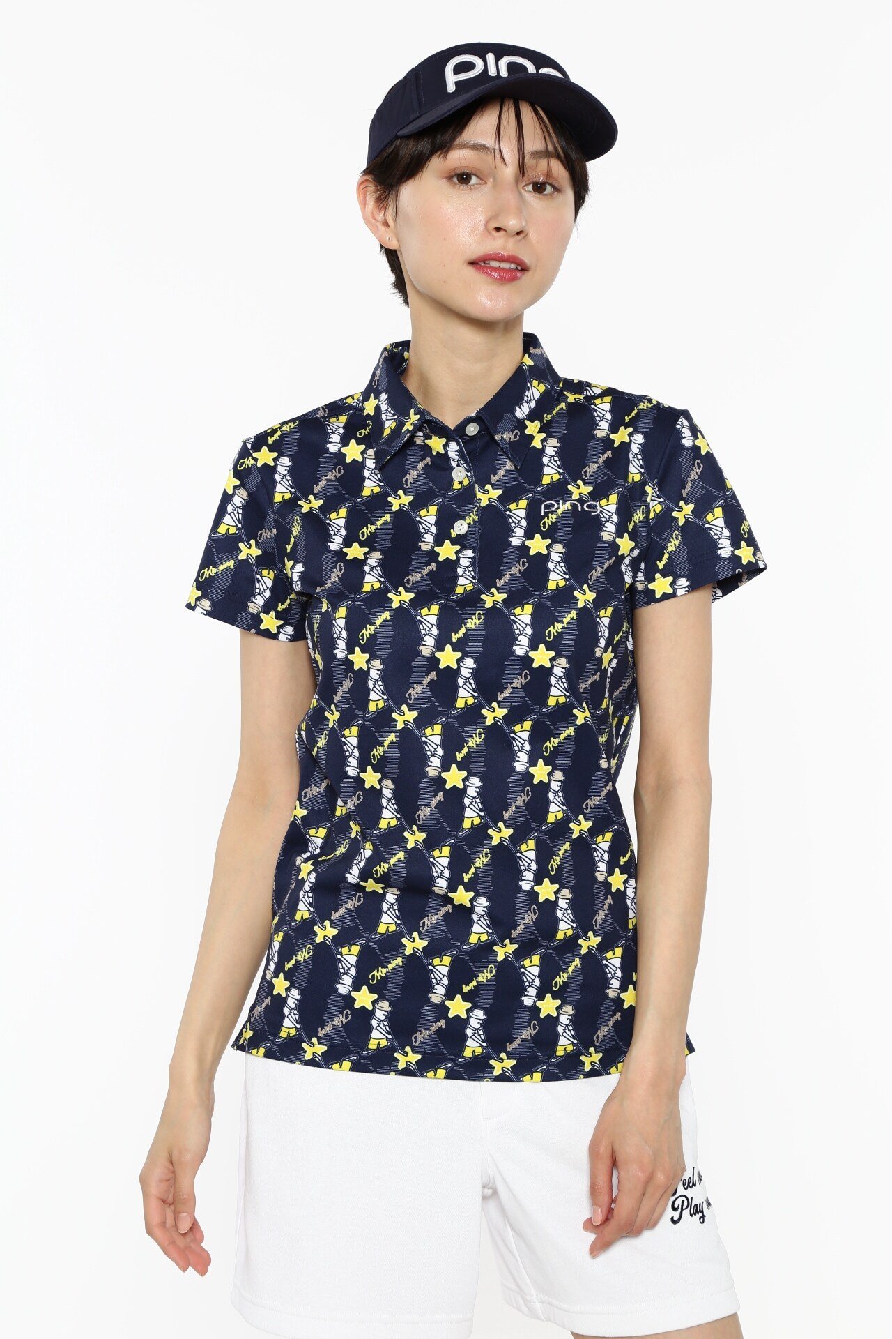 PING APPAREL Mr.PING総柄プリント半袖ポロシャツ ＜NATIVE＞ (LADIES) ピン アパレル トップス ポロシャツ ホワイト グレー ネイビー【送料無料】