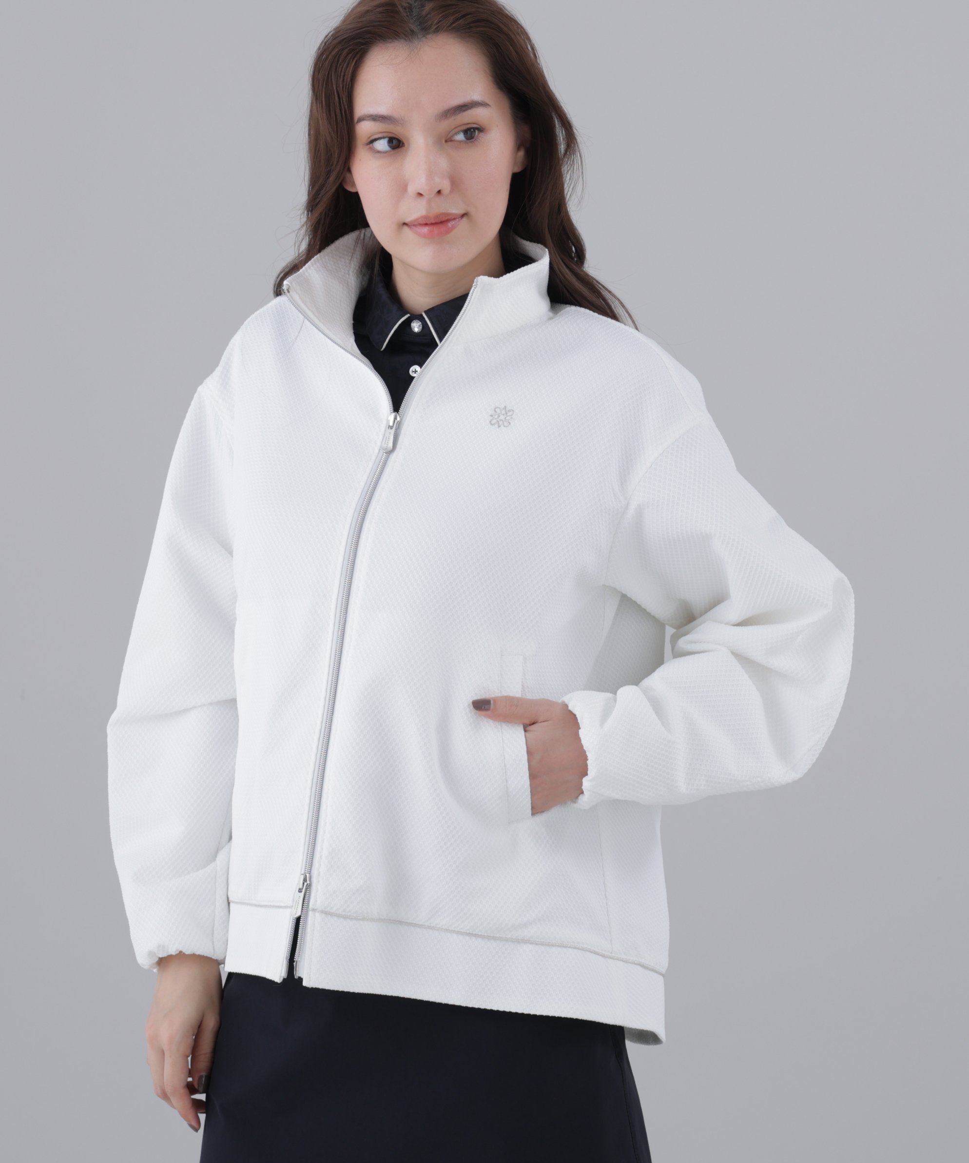 St ANDREWS 幾何学ジャガードブルゾン (WOMENS) セントアンドリュース ジャケット・アウター ブルゾン・ジャンパー ブラック ホワイト