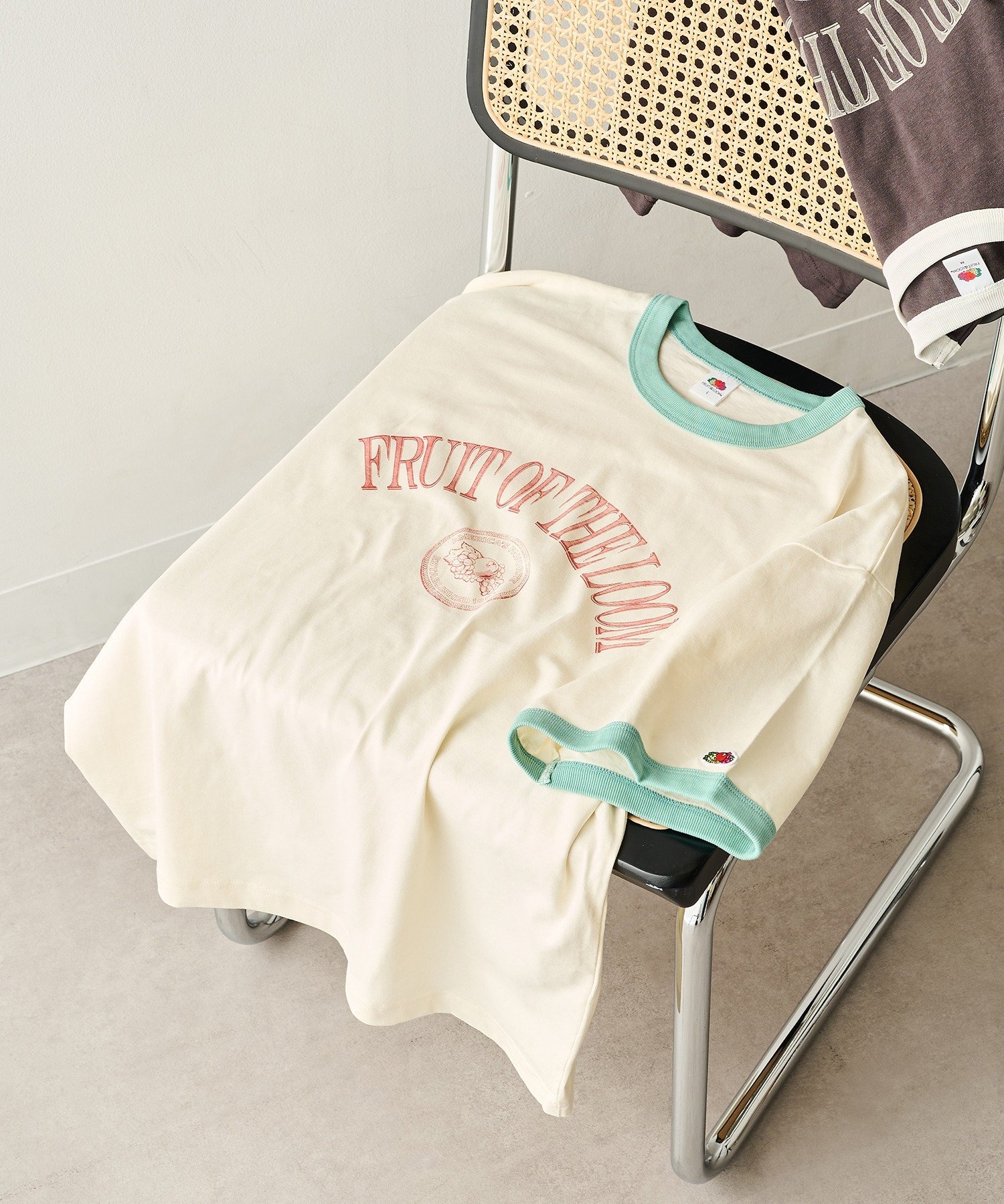 FRUIT OF THE LOOM/ヴィンテージ風 リンガーTシャツ 袖ワッペン セットアップセブン トップス カットソー・Tシャツ グレー ホワイト