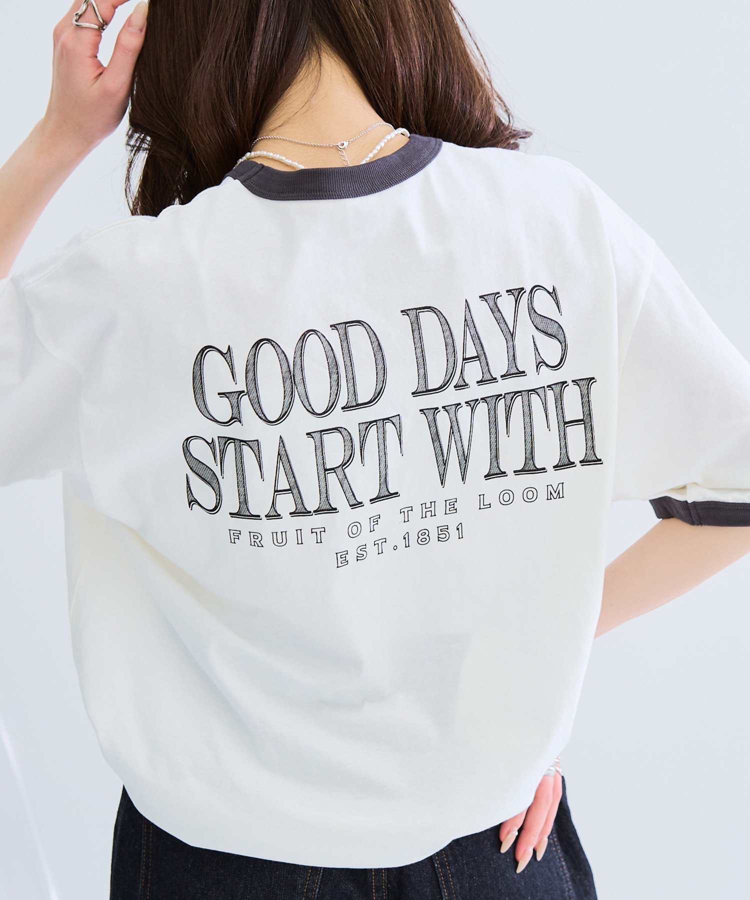 FRUIT OF THE LOOM/ヴィンテージ風 リンガーTシャツ 袖ワッペン セットアップセブン トップス カットソー・Tシャツ グレー ホワイト