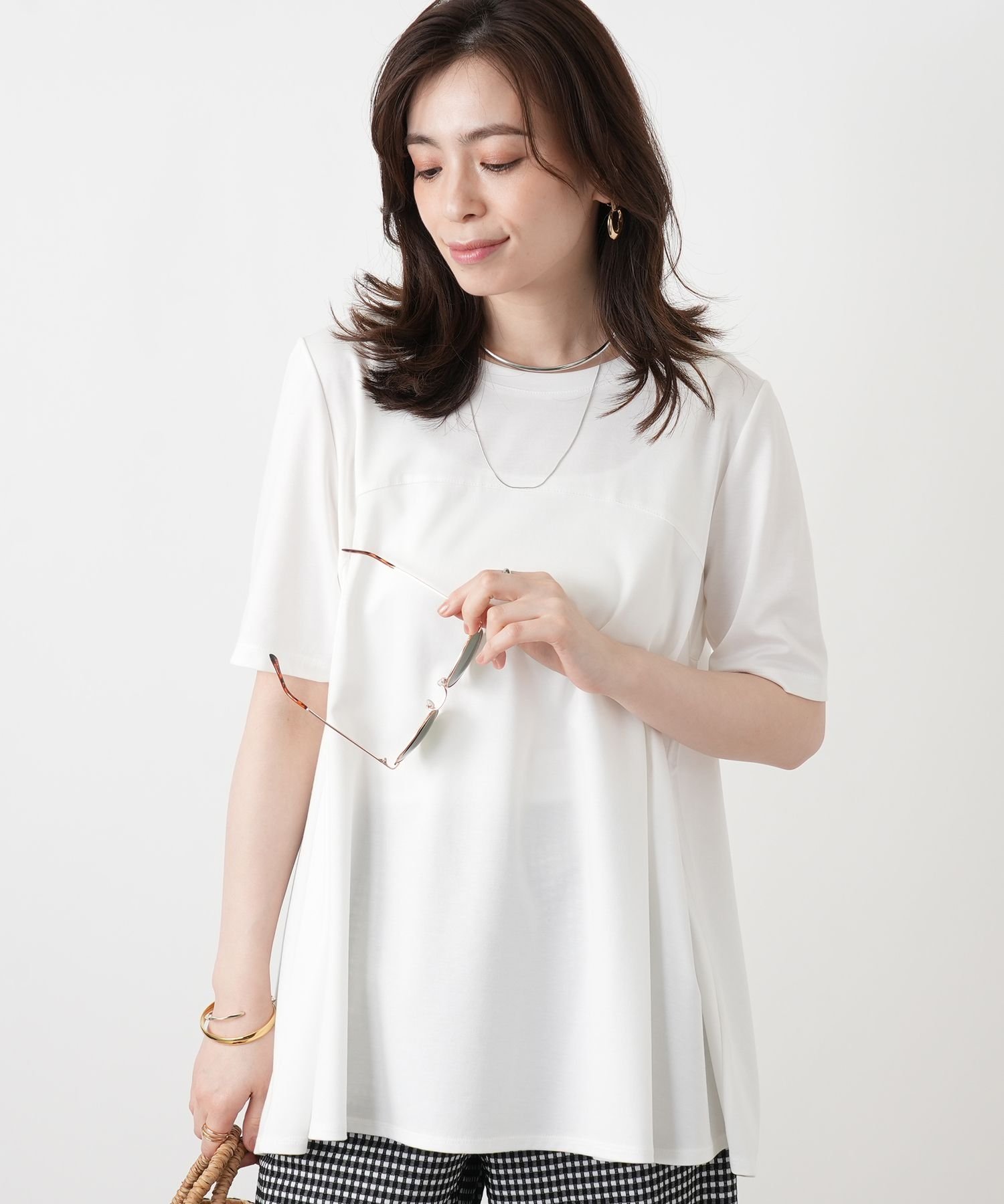 Leilian クルーネックフレアカットソー レリアン トップス カットソー・Tシャツ ホワイト ネイビー