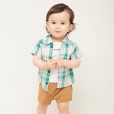 【SALE/36%OFF】branshes 【ペア/お揃い】チェックシャツ重ね着風半袖カバーオール ブランシェス マタニティウェア・ベビー用品 ロンパース・カバーオール グリーン ホワイト