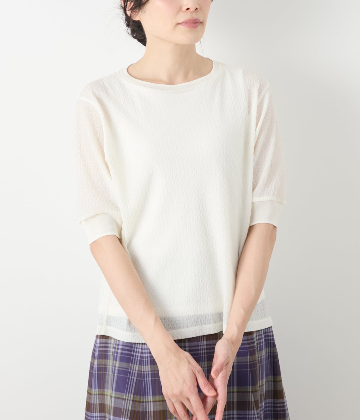 NEWYORKER WOMEN シアーストレッチジャカード 5分袖プルオーバー ニューヨーカー トップス カットソー・Tシャツ ホワイト