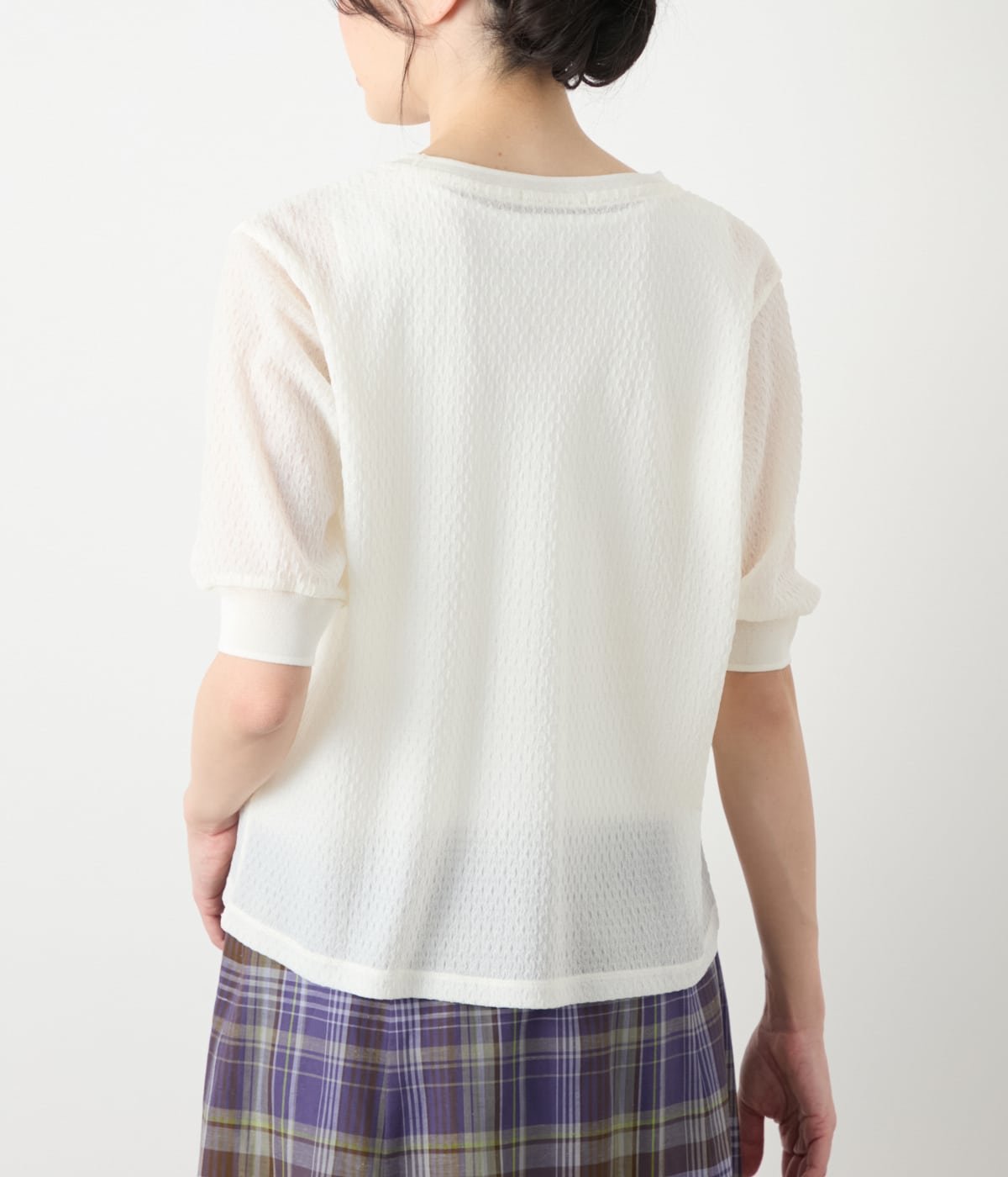 NEWYORKER WOMEN シアーストレッチジャカード 5分袖プルオーバー ニューヨーカー トップス カットソー・Tシャツ ホワイト
