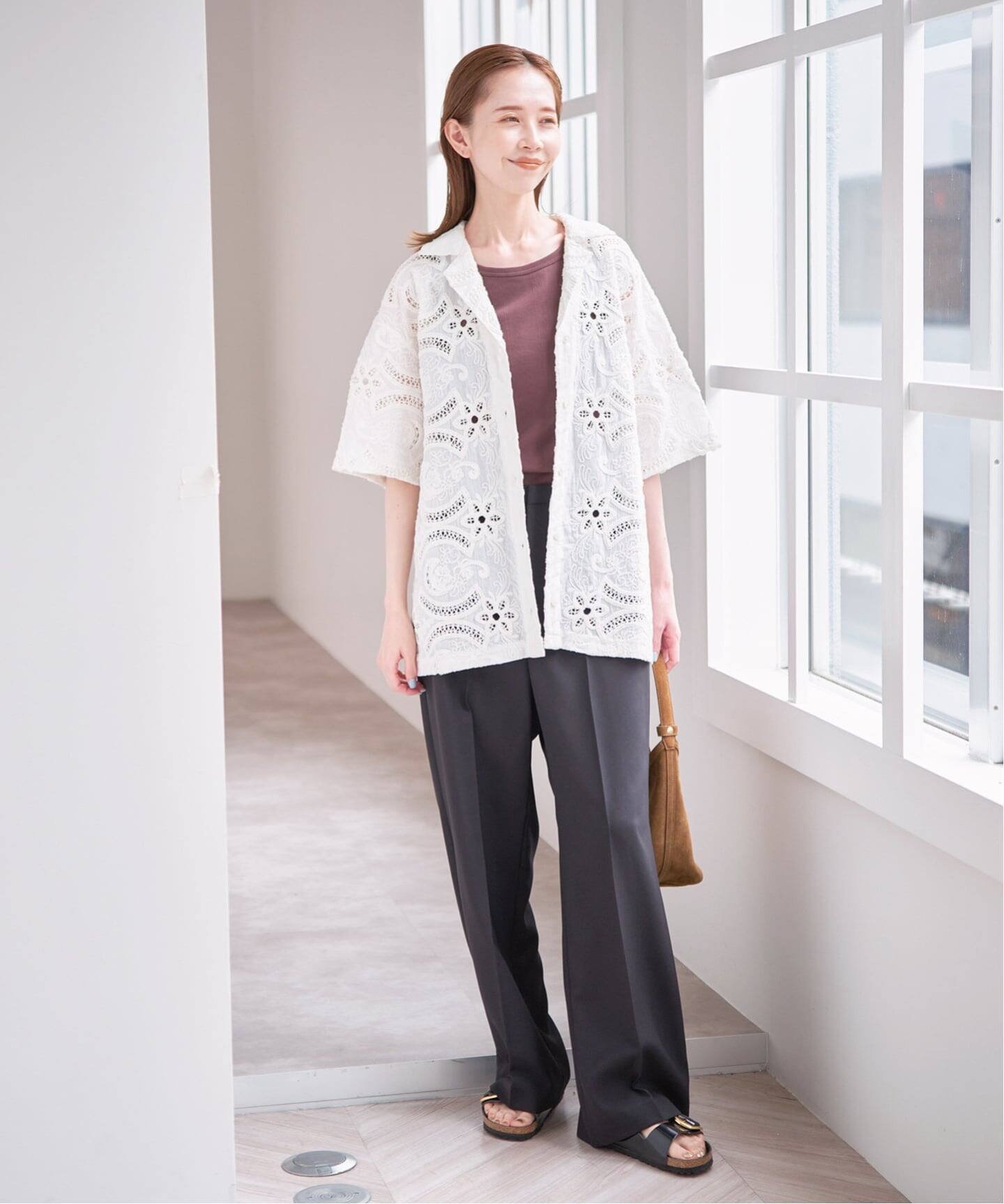 U by SPICK&SPAN オープンカラーレースシャツ ユーバイスピックアンドスパン トップス シャツ・ブラウス ホワイト