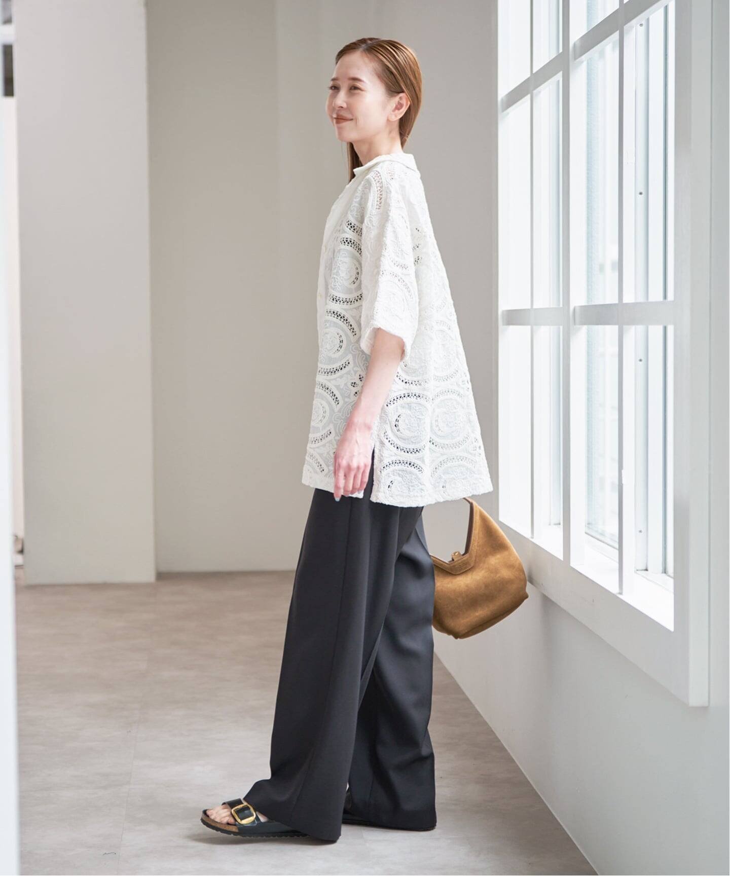 U by SPICK&SPAN オープンカラーレースシャツ ユーバイスピックアンドスパン トップス シャツ・ブラウス ホワイト